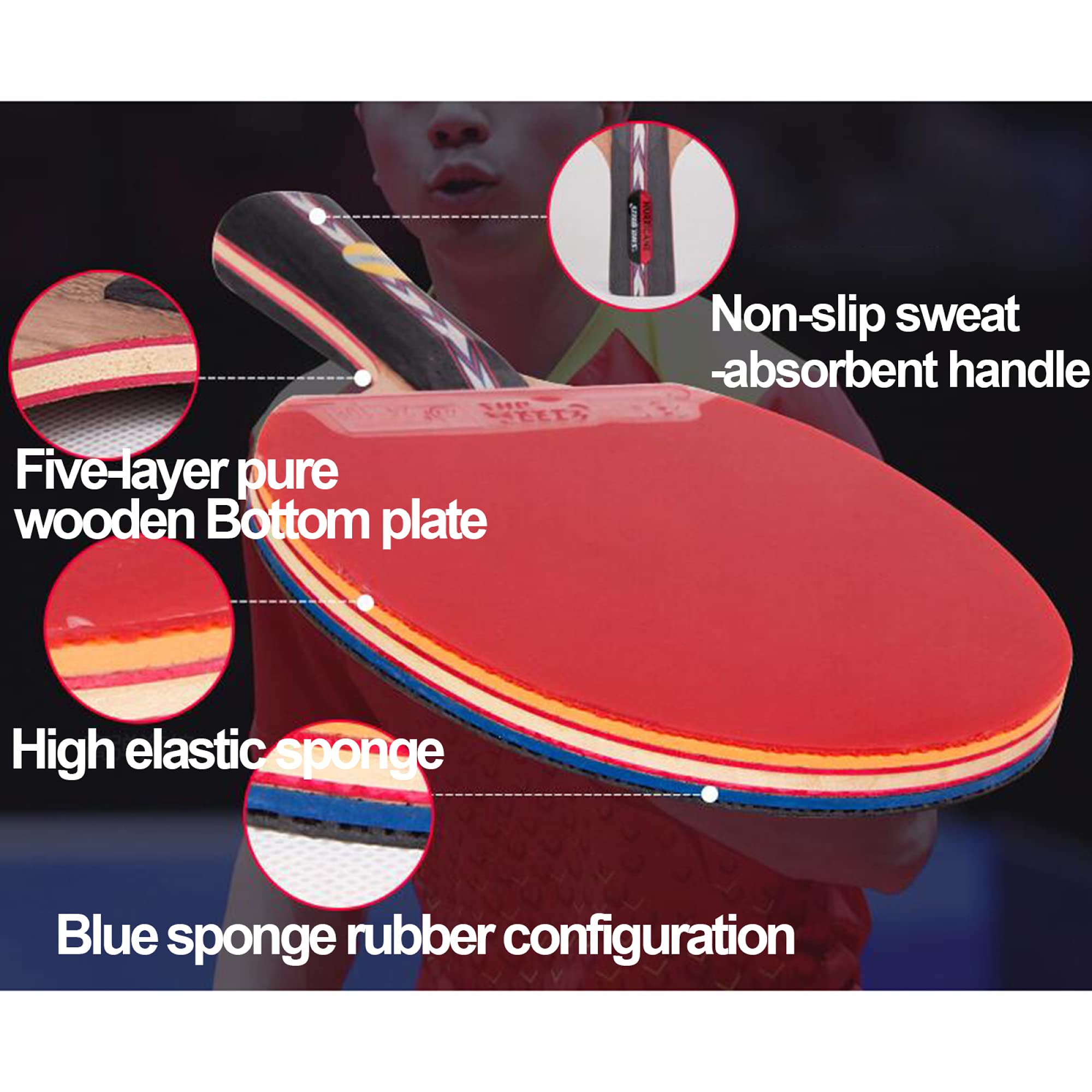 Juego de Tenis de Mesa, Juego de Raqueta de Ping Pong con Estuche, Pala de Tenis de Mesa Profesional, Goma aprobada, intermedios y avanzados, 1 Paquete/Mango Largo