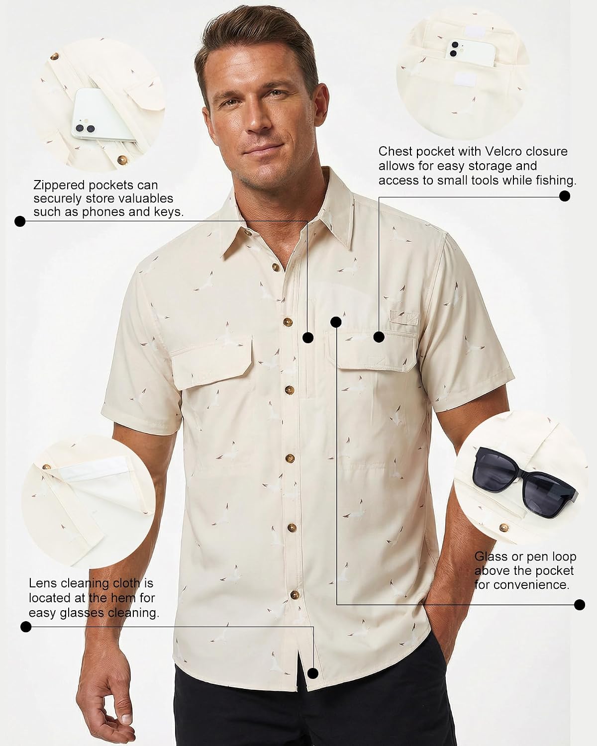 Cozople Mens Button Down Short Sleeve Sun Protection Fishing Shirts UPF 50+ Cooling Quick Dry Hiking Shirt for Travel Safari Camping Khaki Seagull XL