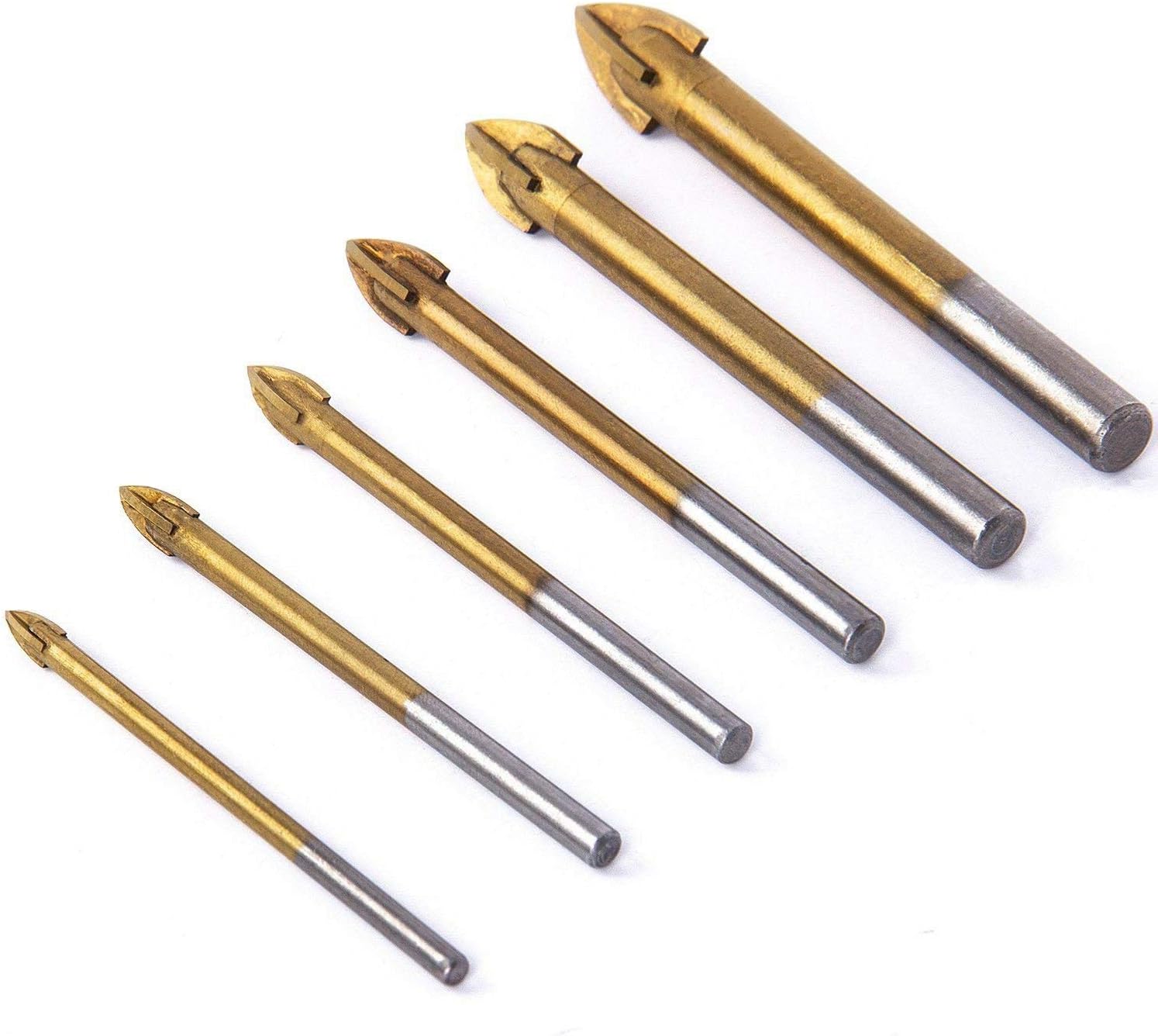 6pcs Titanium Coated Glass Drill Bits Set 4 Cutting Edges Cross Spear Head Drill with Hex Shank for Ceramic Tile Marble Mirror and Glass Tool Drill Bit