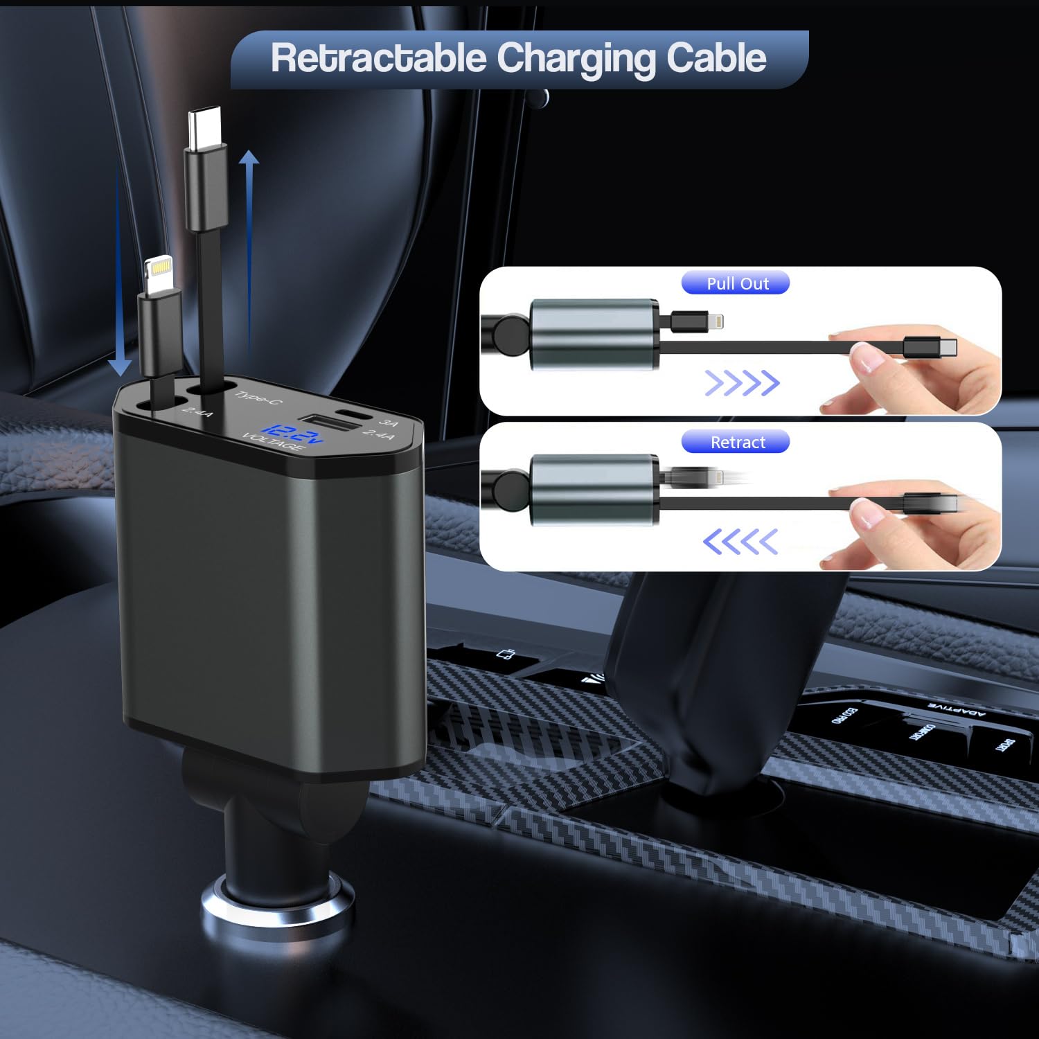 Cargador retráctil de coche para iPhone, cargador de coche 4 en 1 de 66 W, carga rápida, 2 cables retráctiles (PD y Lightning) y 2 puertos (USB C y USB A) para Apple Car Charging Cigarette Adapter