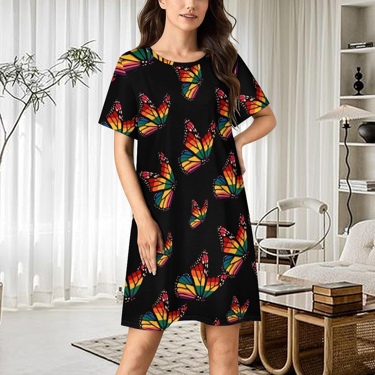 Butterfly Rainbow LGBTQ Proud Women's Nightgown Short Sleeve Sleep Shirt Casual Sleepwear Night Gowns Sleepdress