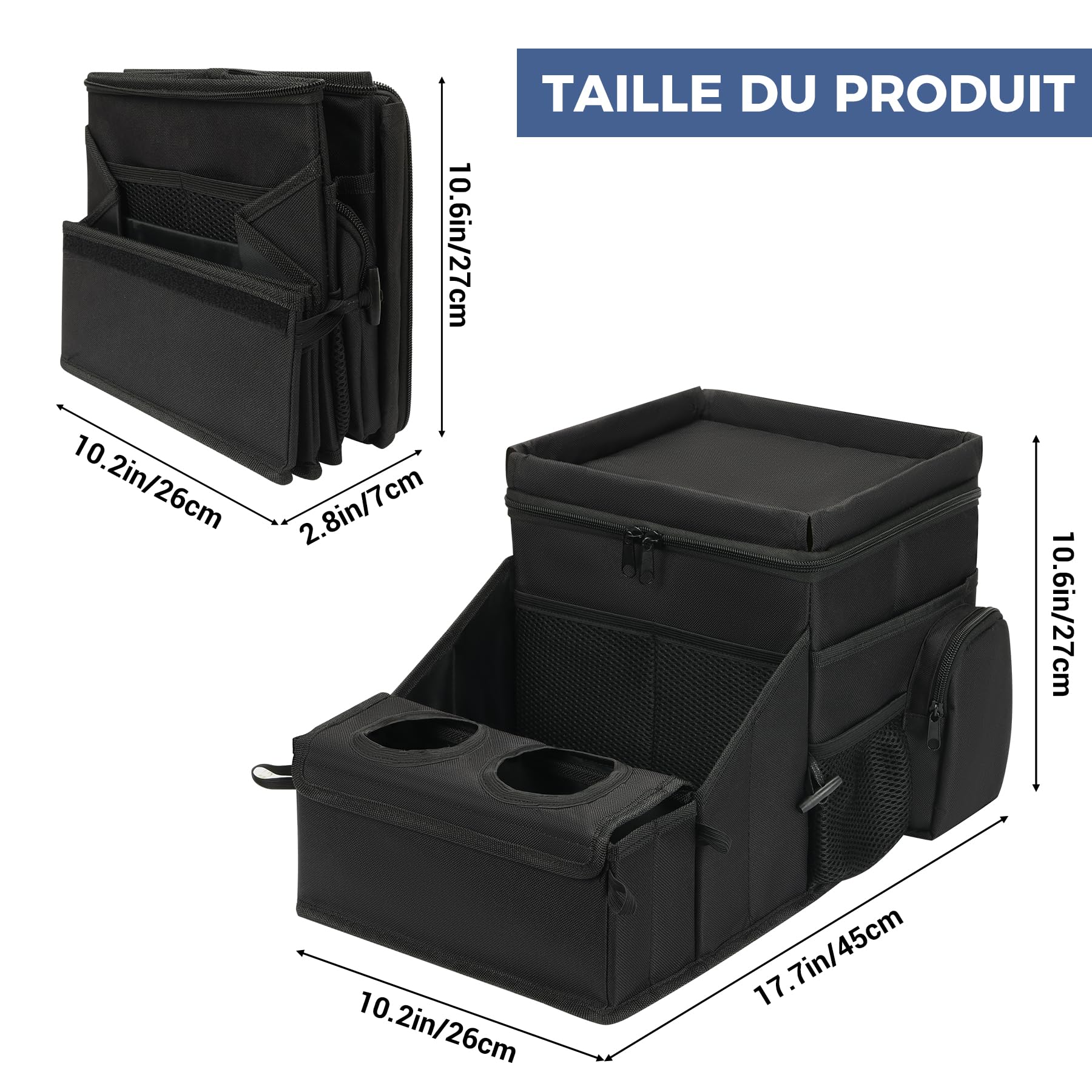 Organisateur Multifonctionnel pour Siège de Voiture, avec Porte-gobelets et Compartiment Isotherme pour Sièges Avant et Arrière – Rangement Voiture pour Jouets, Collations, Enfants et Adultes, Noir