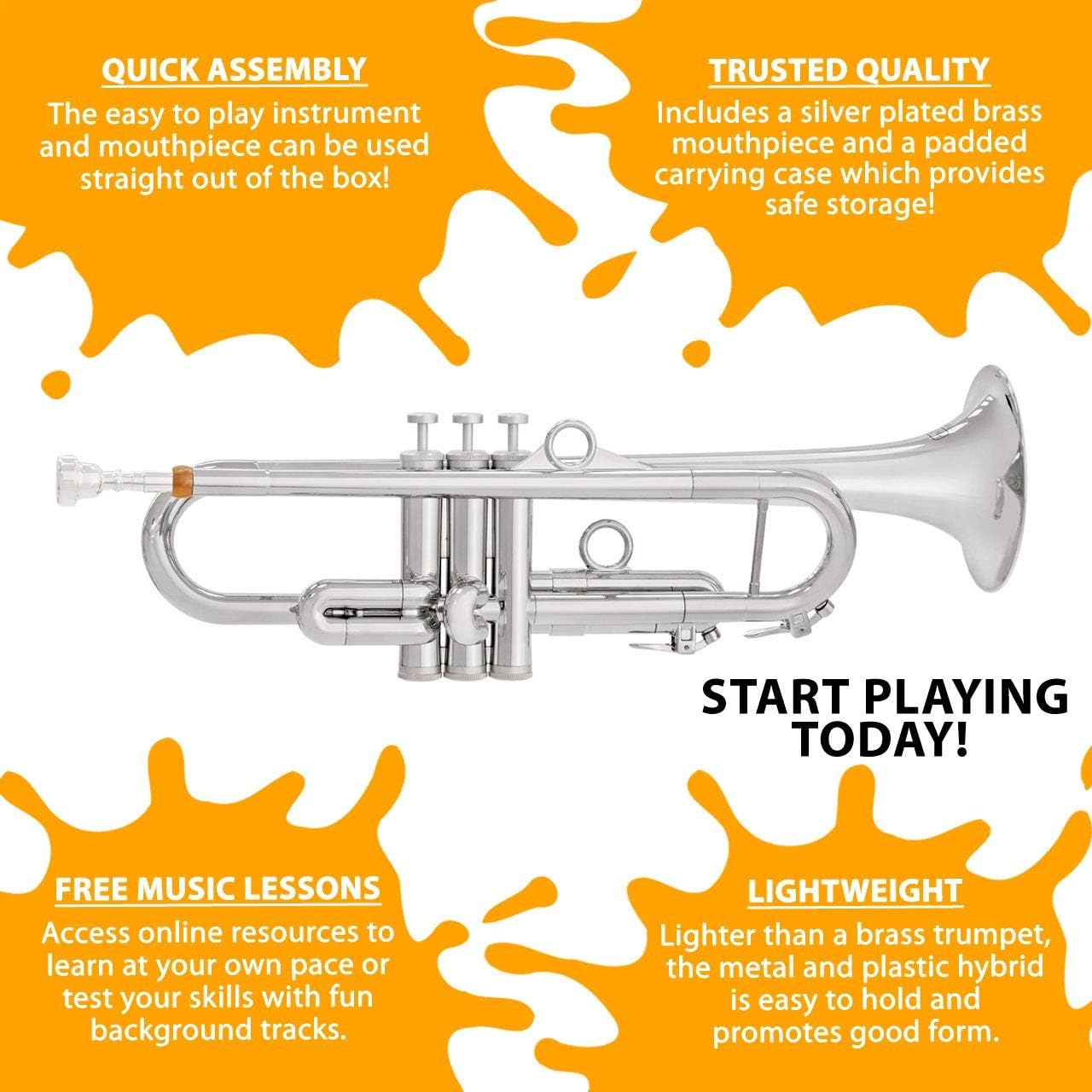 pInstrument pTrumpet hyTech - Metal/Polymer Trumpet - Mouthpiece - Padded Carrying Bag - Lightweight, Ergonomic Grip - Bb Authentic Sound for Student & Beginner - Durable ABS Construction - Silver : Musical Instruments