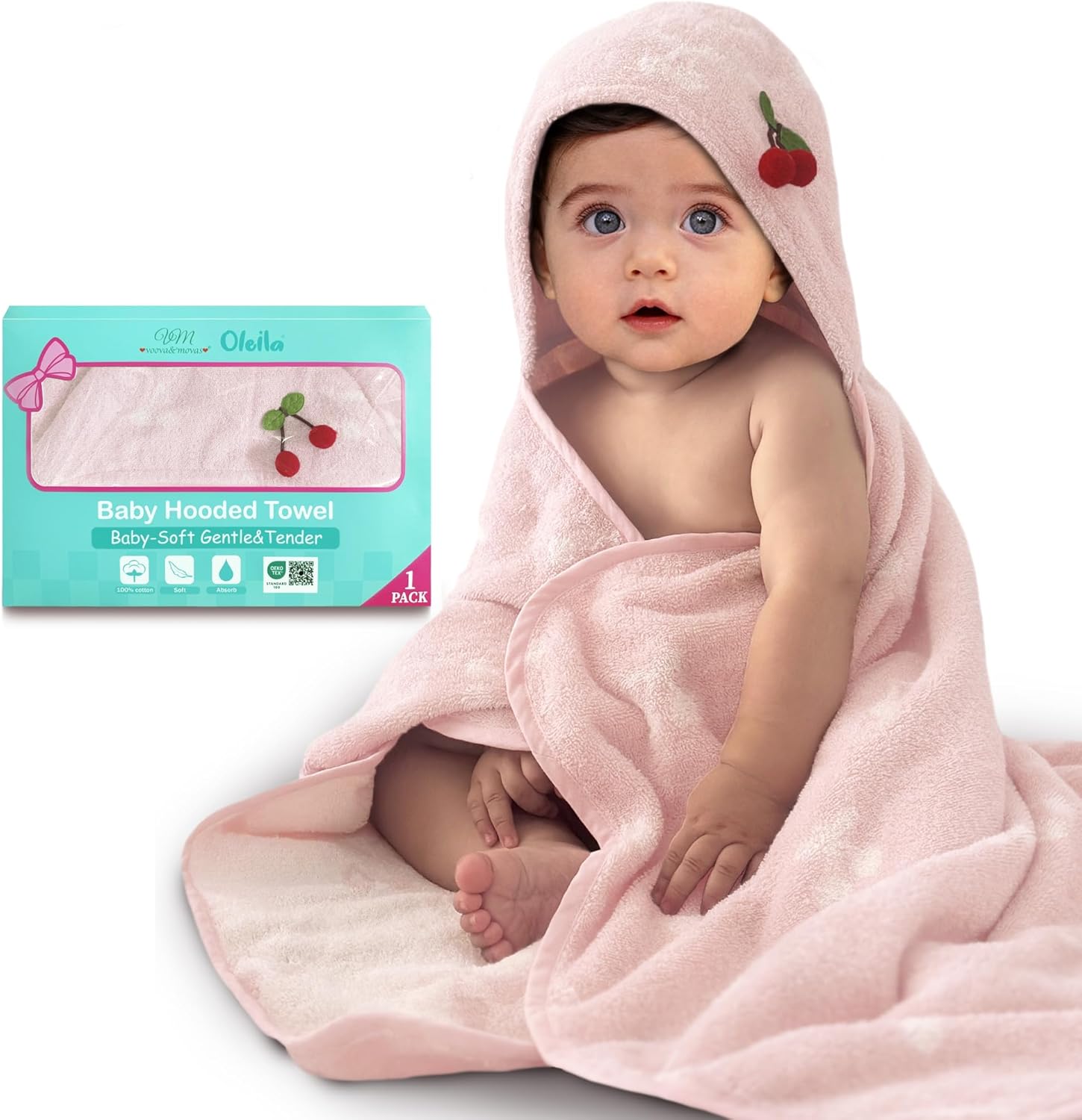 VOOVA & MOVAS Thick Baby Hooded Bath Towel - 100% Cotton,420GSM, 30.5x36 Inches,0-18Months, Super Absorbent Large Towel with Cherry Hood for Newborn,Toddler,Infant, Baby Essentials, Pink Cherry