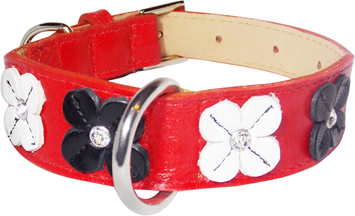 Flower Rivet Tapered Dog Collar, Small Size 9-11, Red with Black and White Flowers