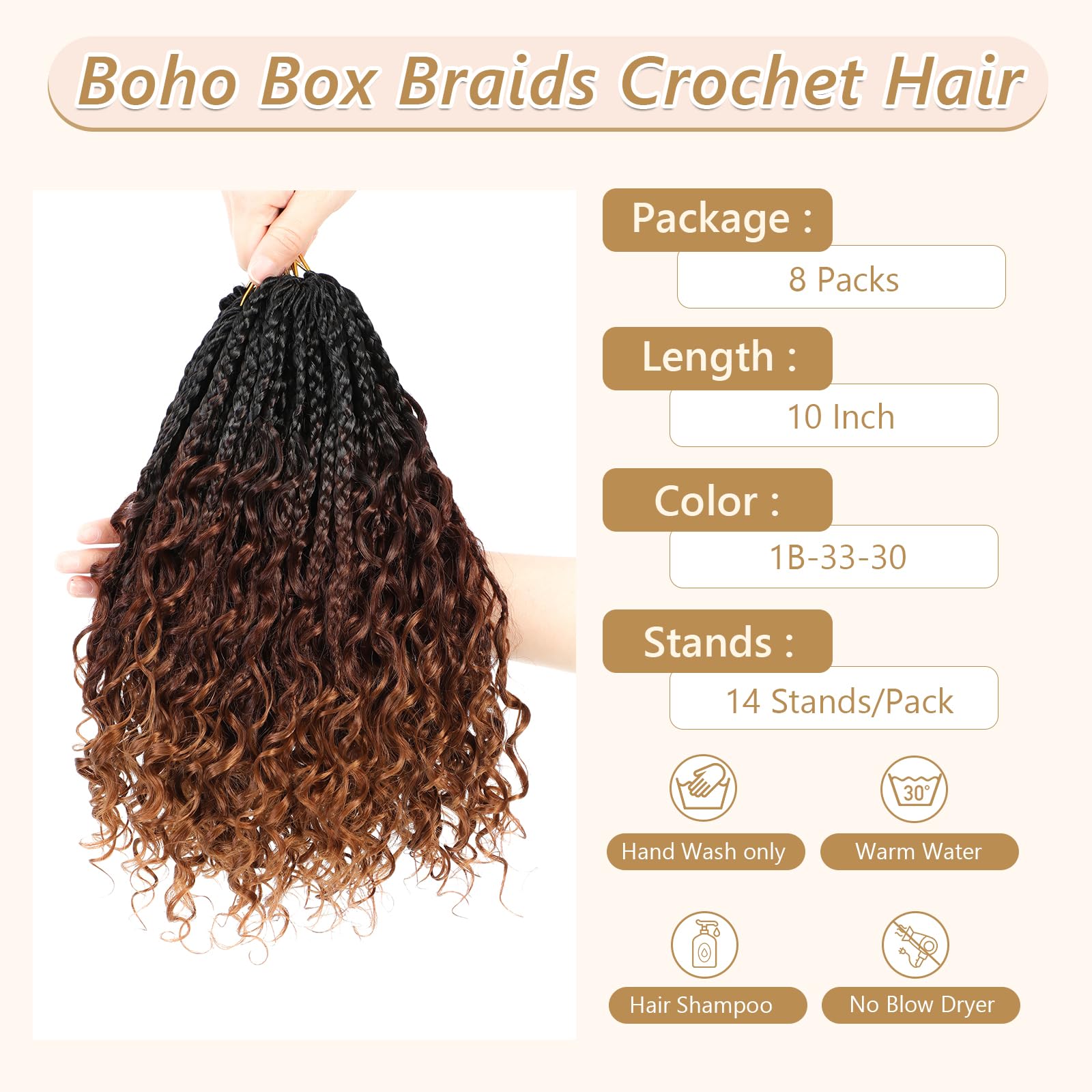 Crochet Braids Hair Extensions 8 Packs 10 Inch Pre-Looped Crochet Hair Extensions for Black Women Boho Braids with Curly Ends Goddess Braid Extensions Hair(1B/33/30#) - Image 3