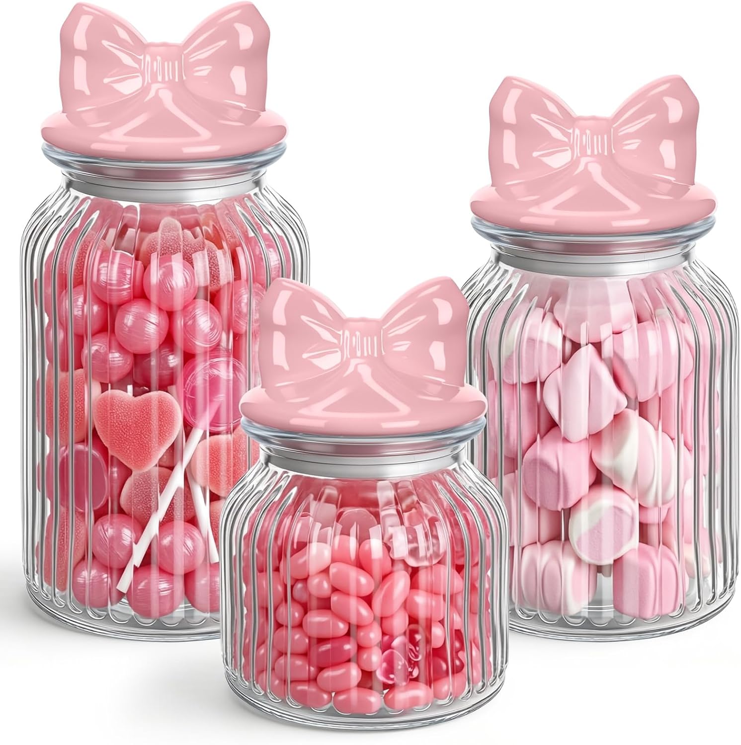 Pink Bow Candy Jars Airtight Glass Cookie Jars with Ceramic Bow Lid Cute Clear Stripes Cookie Storage Canister for Spring Summer Baby Shower Party(3 Sets,22oz,34oz,44oz)