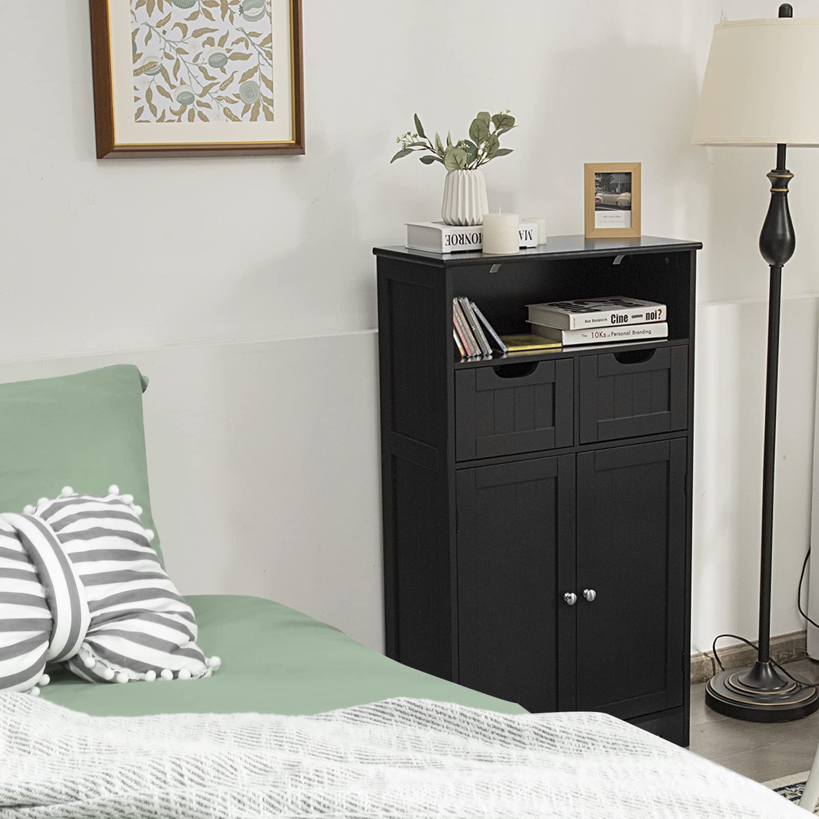 COSTWAY Meuble de Salle de Bain, Armoire de Rangement, Commode avec 2 Tiroirs et 2 Portes, Étagère Réglable, pour Cuisine, Salon 60 x 30 x 109 cm (Noir)