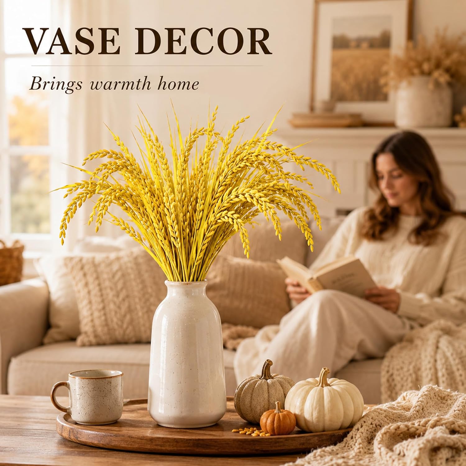RAINFLOW Dried Wheat Stalks - Natural Wheat Decor for Fall and Thanksgiving Decorations 50PCS 13.78in Wheat for Vase, Table Centerpieces, Farmhouse Styling and Farmers Market Decor