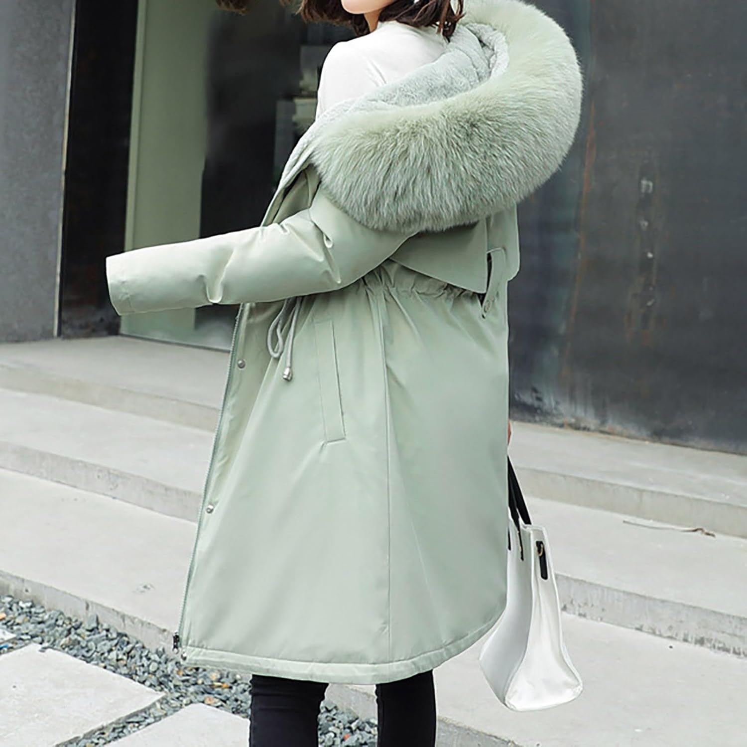 Winter Jacket for Women Long Parka Trench Coat Comfy Stitching Casual Cardigan Lapel Overcoat Belted Slim Outerwear