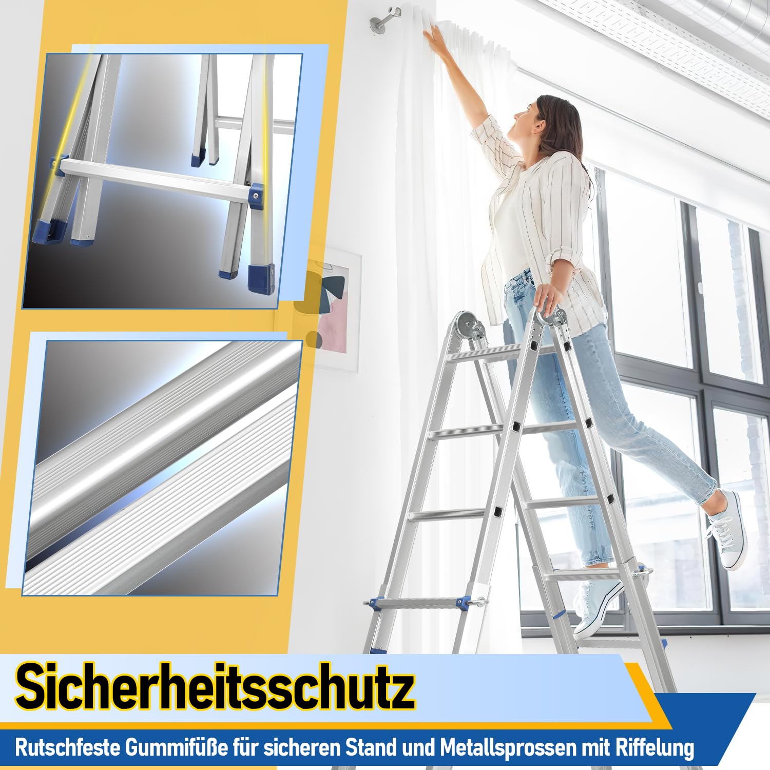 Ikodm Mehrzweckleiter 402cm 4x4 Sprossen Teleskopleiter 3 in 1 Aluleiter Multifunktionsleiter Klappleiter, Anlegeleiter Bockleiter Schiebeleiter beidseitige Steh und Treppenleiter