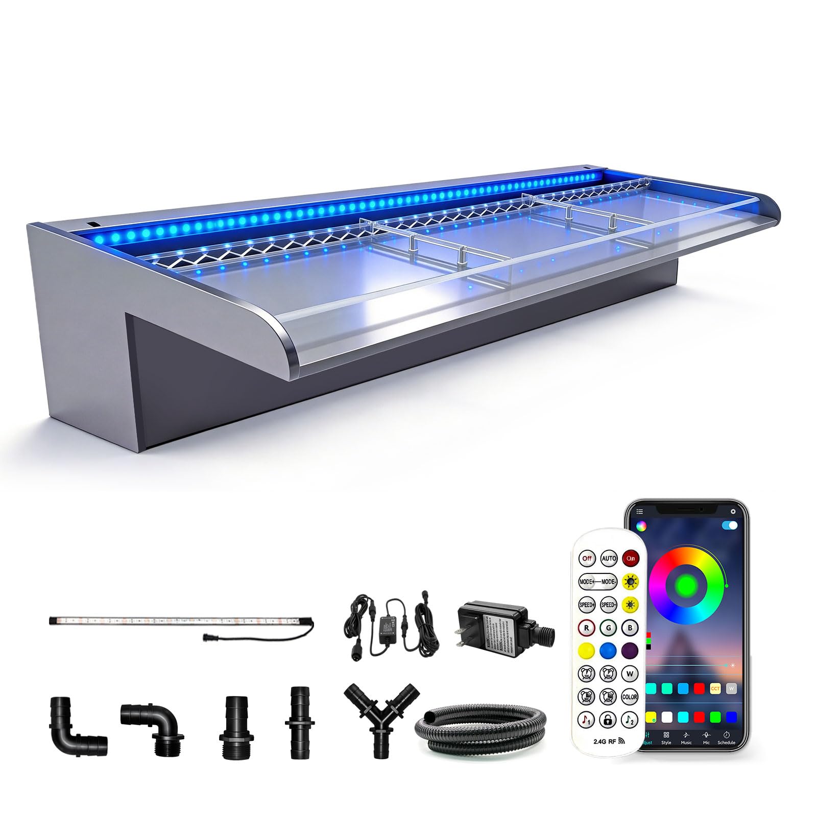 LONGRUN Lama a cascata per laghetto da 60 cm, con luce LED RGB Bluetooth, kit completo per cascata e flusso