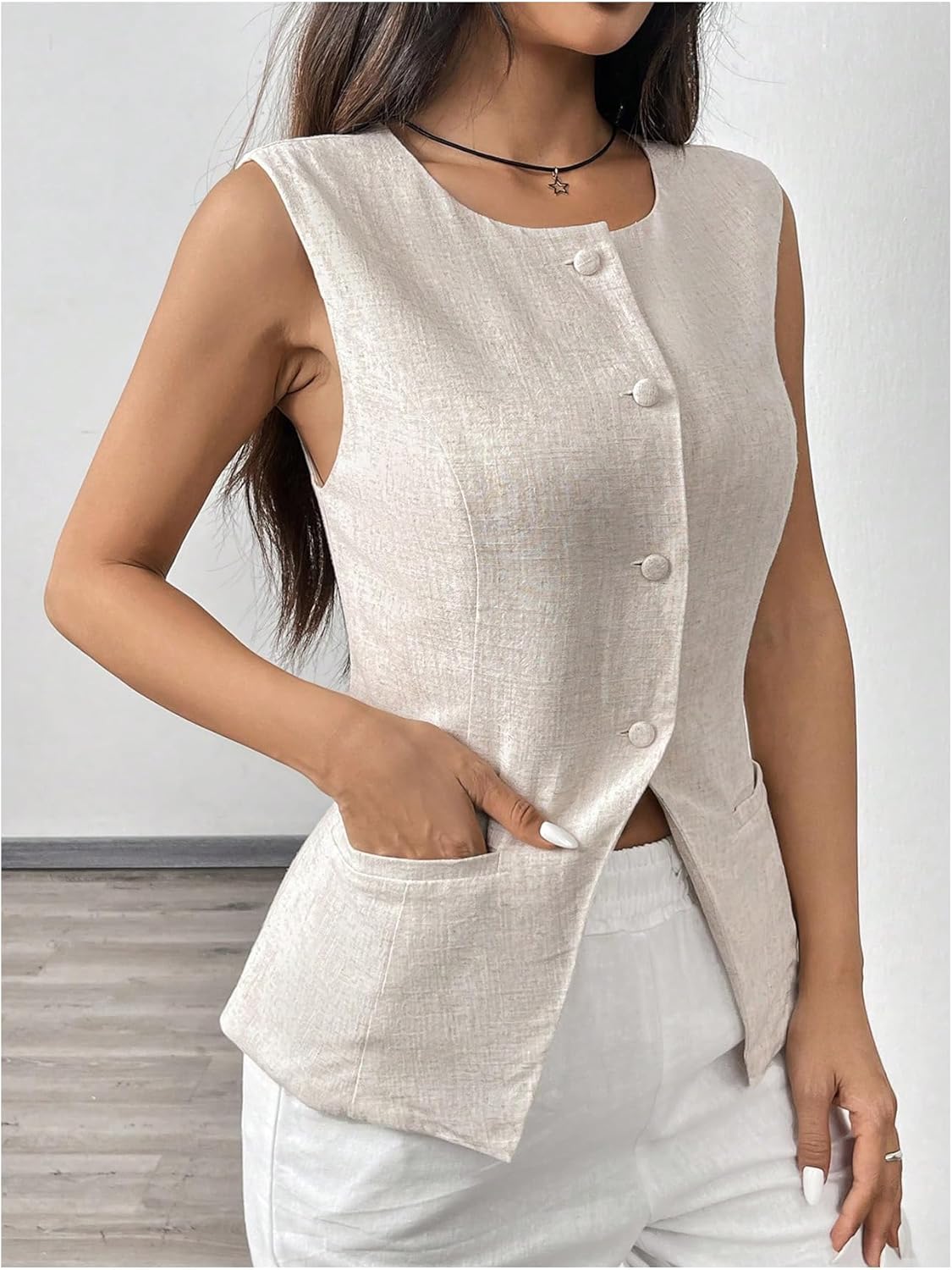 MakeMeChic Women's Vest Top Sleeveless Business Blazer Button Down Dressy Suit Teacher Outfit - Image 4