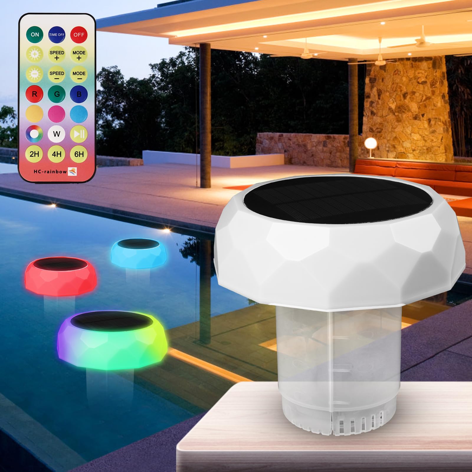 Lámparas solares de la piscina, difusor de cloro, con luz solar impermeable LED que cambia color, dispensador de cloro, piscina flotante, adecuado para tabletas de Cloro de 1" y 3"