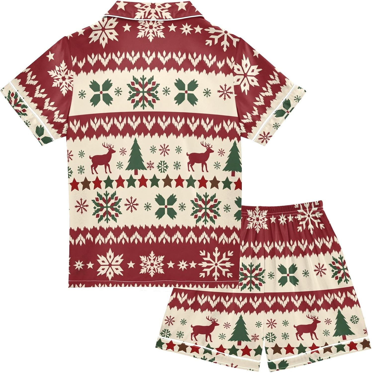 Kids Satin Wear Set Christmas Tree Snowflake Reindeer Pattern Relaxed Fit Clothing Short Sleeve and Shorts