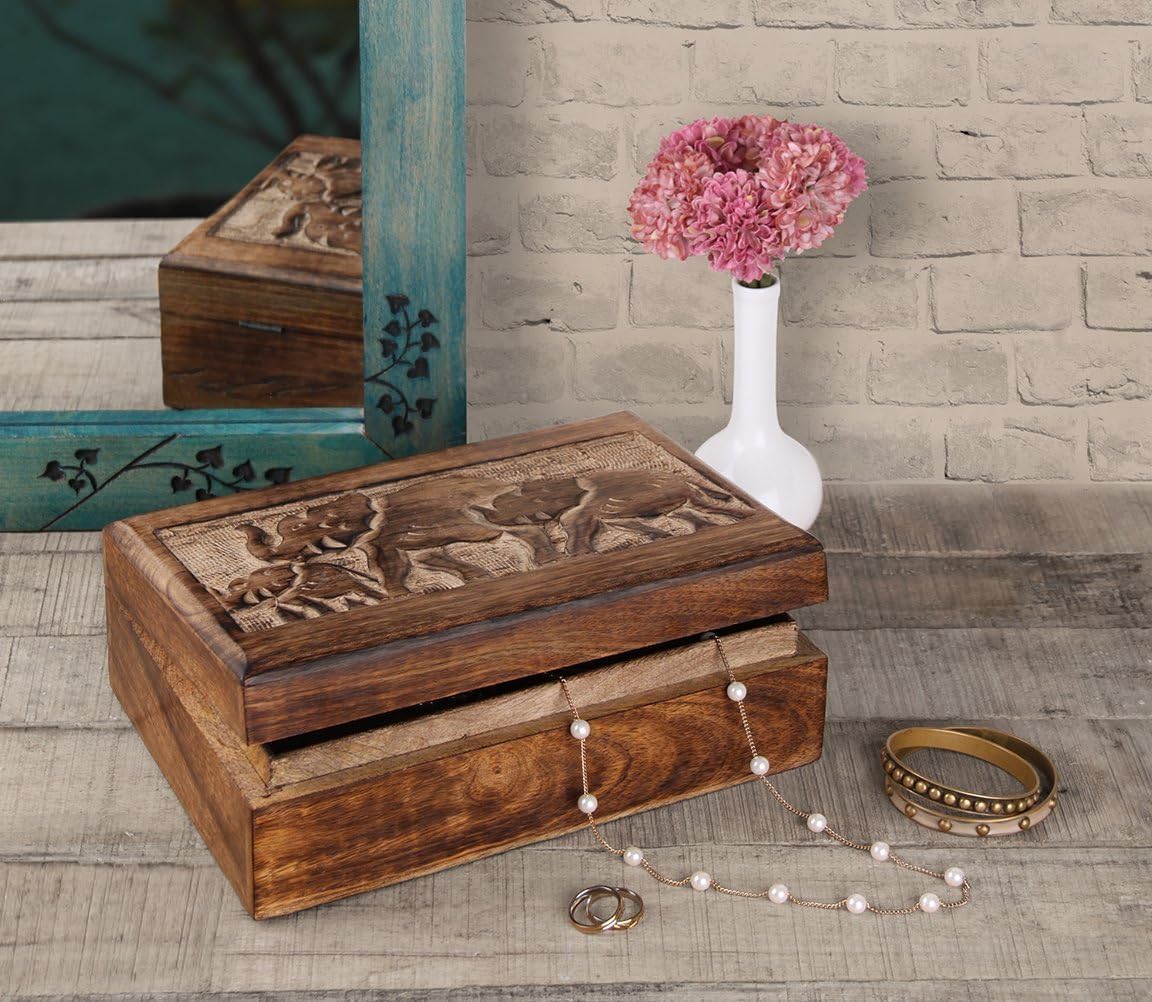 STORE INDYA Wooden Handmade Treasure Box. Antique Chest for Jewelry & Keepsake, Elephant Design Treasure Chest with Trinket Holder, Lock Box, Watch Box.