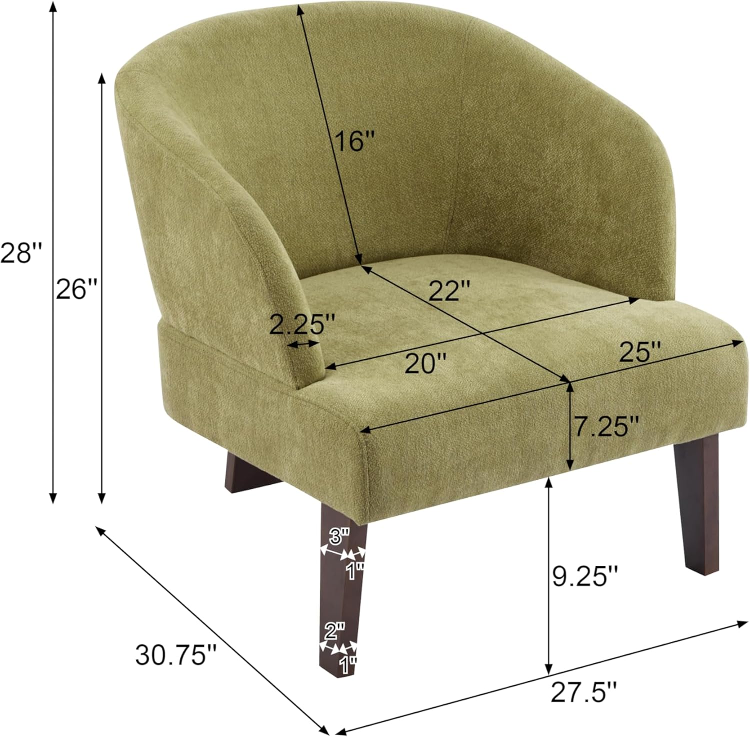 GDFStudio Modern Accent Chair with Round Backrest,Mid-Century Lounge Chairs with Wooden Legs,Compact Seating Upholstered Fabric Armchair with Cushion for Living Room Bedroom Office,27.5" Green