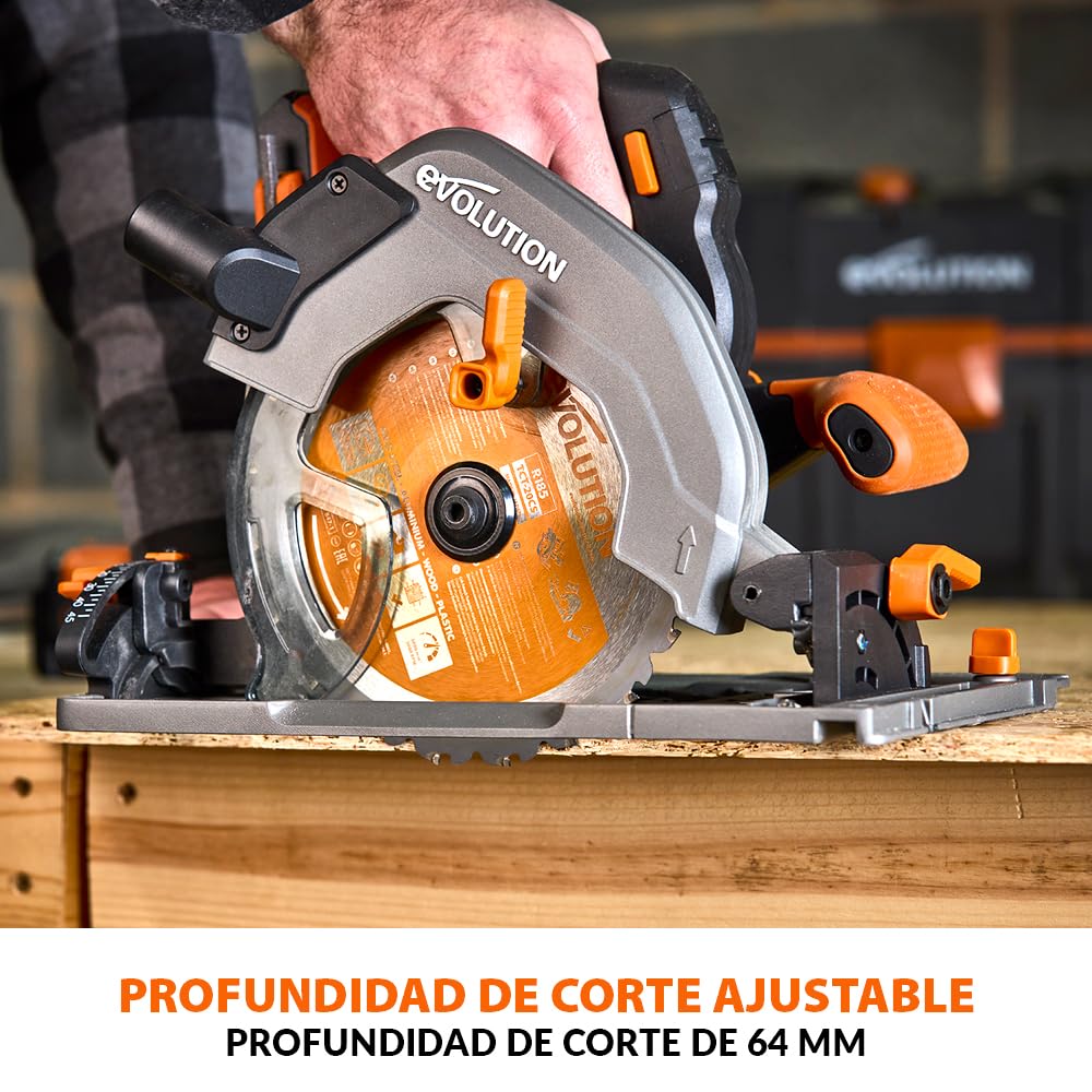Evolution Power Tools R185CCSX-Li Sierra circular sin cable compatible con carril 18v Li-Ion EXT Incluye hoja multi-material TCT, corta madera, metal, plástico, batería y cargador incluidos, 185mm