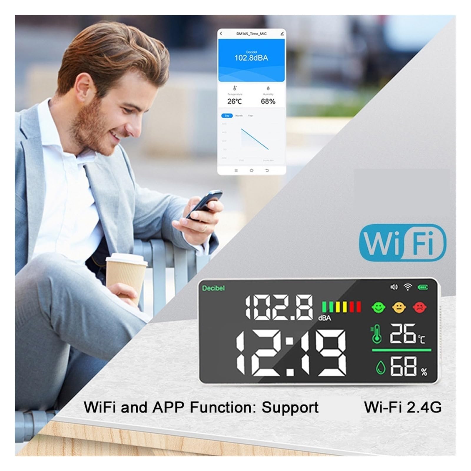 WiFi Noise Decibel Meter 4in1 Temperatur Luftfeuchtigkeit Decibel Test Wecker 11 Zoll LED-Farbverbindungssteuerung Breites Anwendungsspektrum