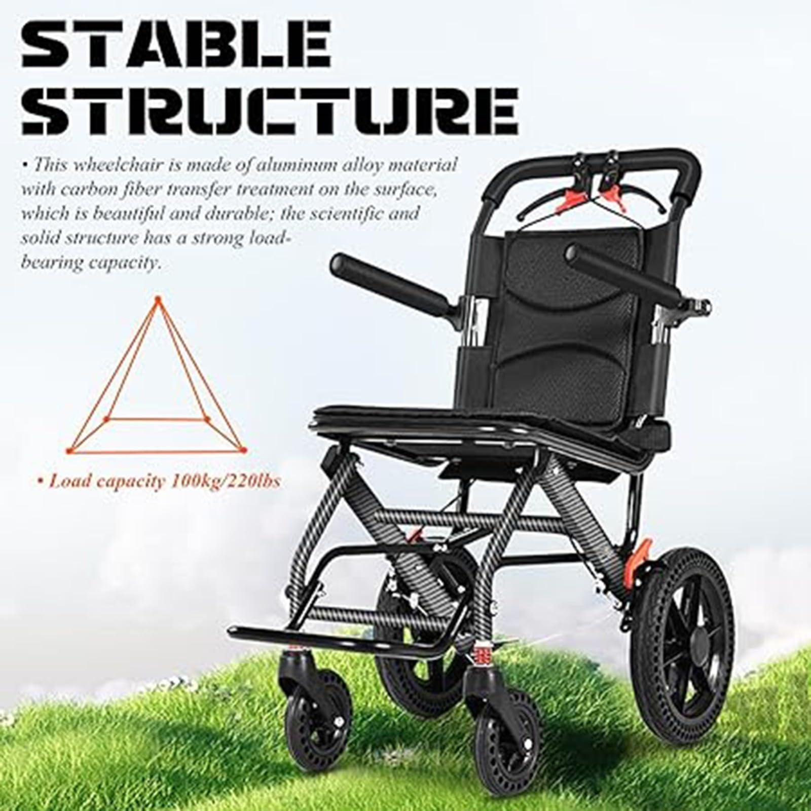 Silla de ruedas ultraligera plegable ligera con freno de tambor, silla de ruedas portátil para transporte al aire libre