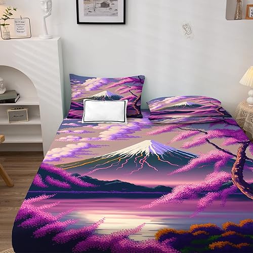 Miniatura 2 de Mount Fuji Sheets - Juego de sábanas y fundas de almohada, tamaño California King, diseño de flor de cerezo, 4 piezas, sábana bajera ajustable de