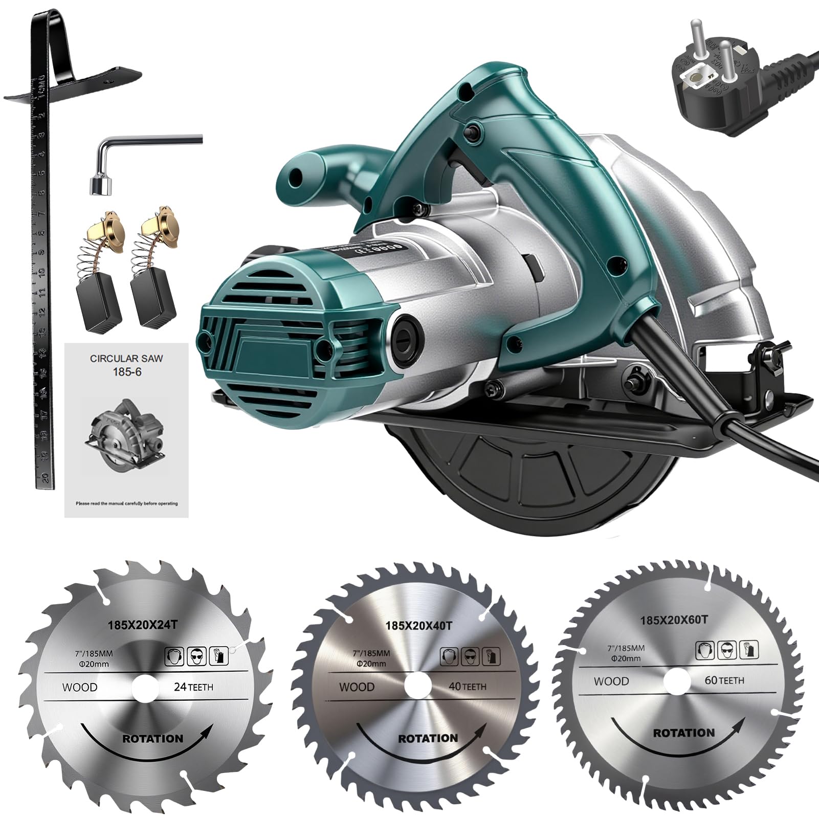 Sega Circolare Elettrica da 1200W, 220V 5200 Giri/Min Potente Sega Circolare A Velocità Variabile, Angolo E Profondità Regolabili, con 3x Lame 185mm, per Lavorazione Del Legno Domestica, Tubi In PVC