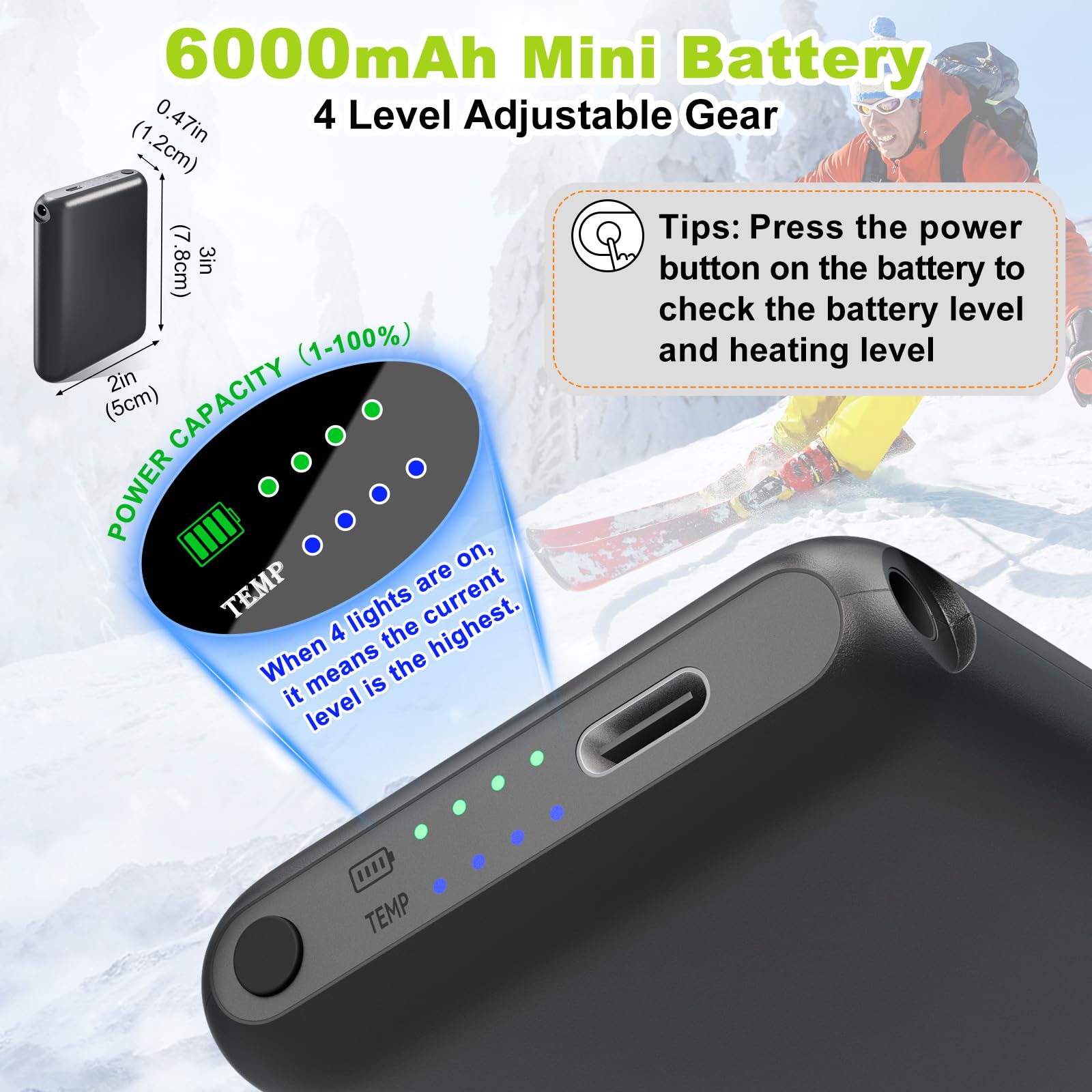 5V Solette Riscaldanti, Solette Riscaldanti Piedi a Batteria 6000mAh, Scaldapiedi Con controllo dell' Batteria, Solette Termiche Con 4 Temperature, Scalda Piedi per Sport, Sci, Campeggio, Ciclismo(L)
