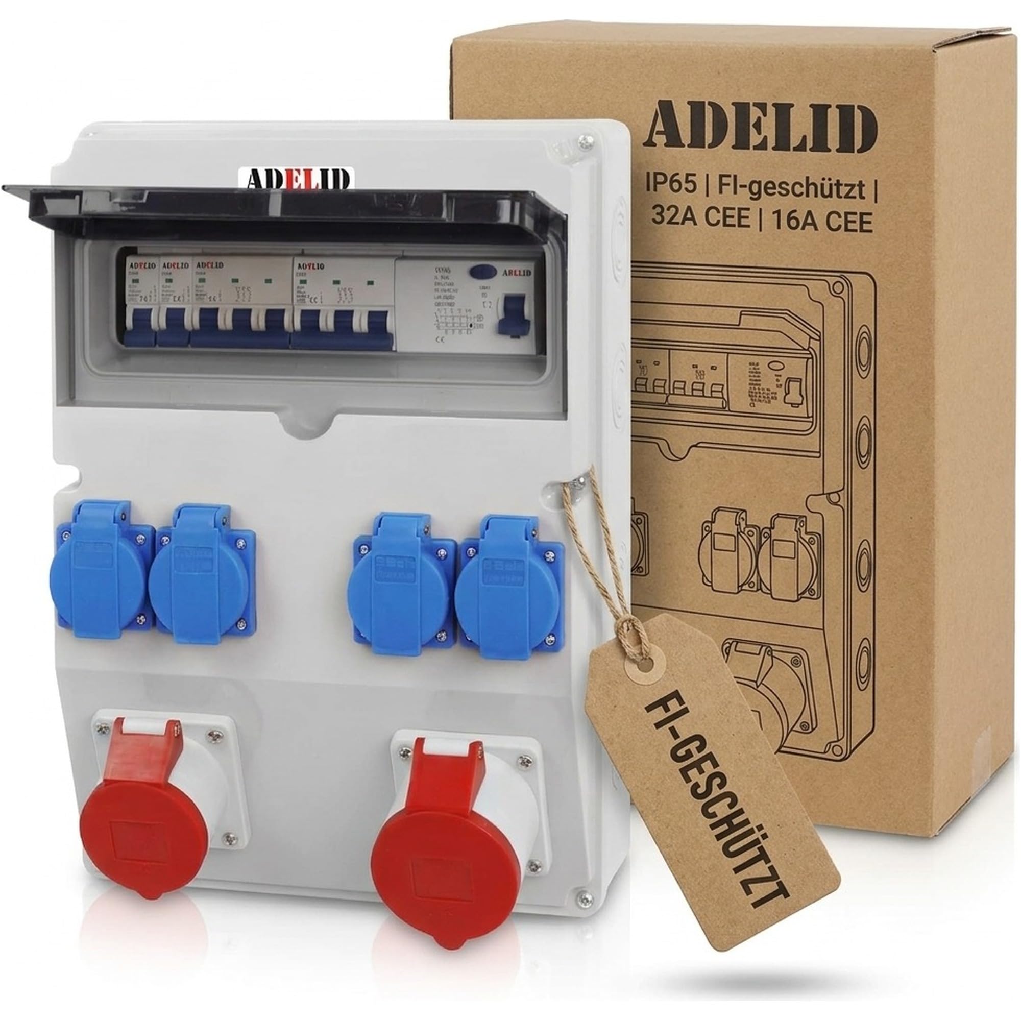 Baustromverteiler Wandverteiler 1x 32A 1x 16A 5-polig CEE 4x 230V Schuko | FI-Schalter Fehlerstromschutzschalter | Stromverteiler Starkstromverteiler IP65 | 400V Drehstromverteiler