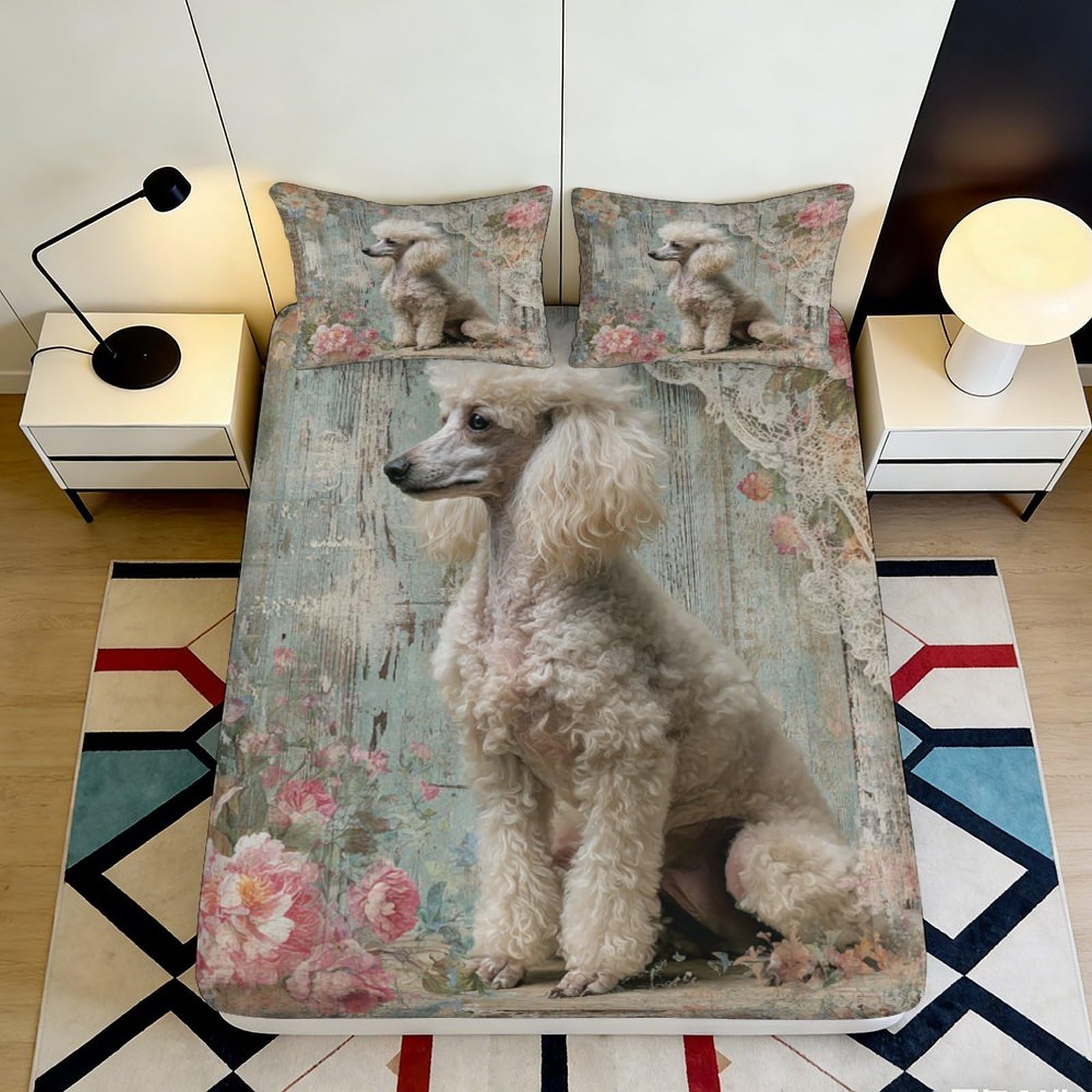 3D Printed poodle Fitted Sheet, elegant floral Mattress Cover, Microfiber soft touch, home bedroom, apartment bedding 90x200x25cm