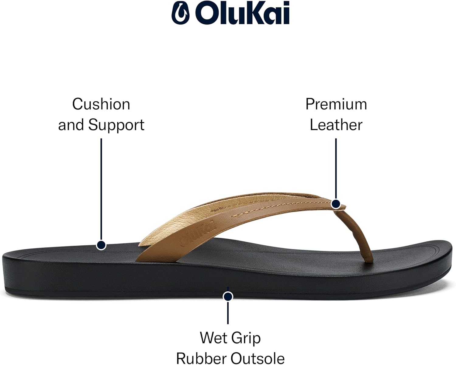 OLUKAI Lalahi Women's Leather Beach Sandals, Casual Everyday Flip Flop, Lightweight & Supportive Arch, Clean Design & Soft Comfort