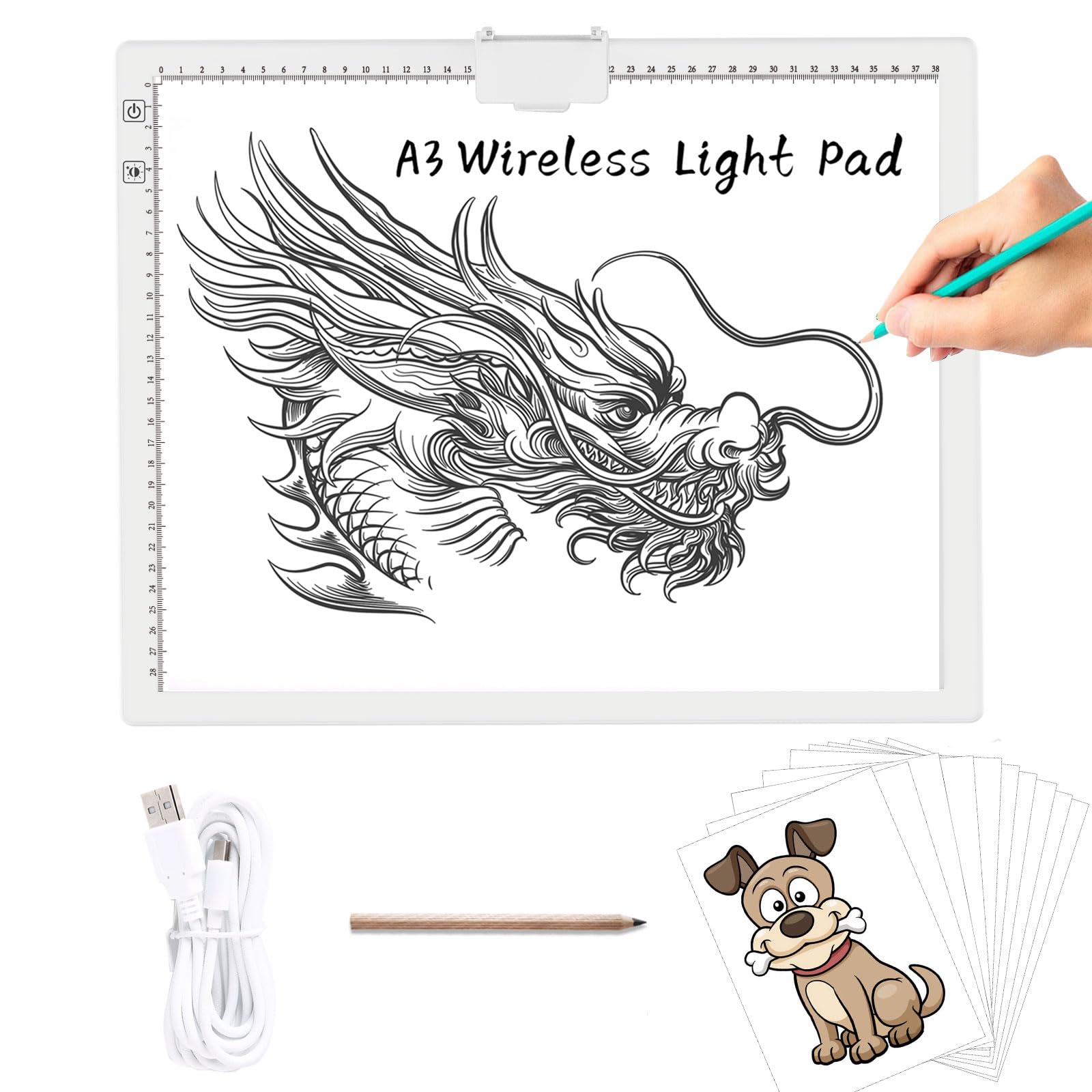TOHETO A3 Rechargeable Battery Powered Led Light Tracing Pad with Built-in Stand, Magnetic Clip, 6-Level and Stepless 3 Colors Dimming Brightness Light Box for Diamond Painting, Weeding Vinyl (White)