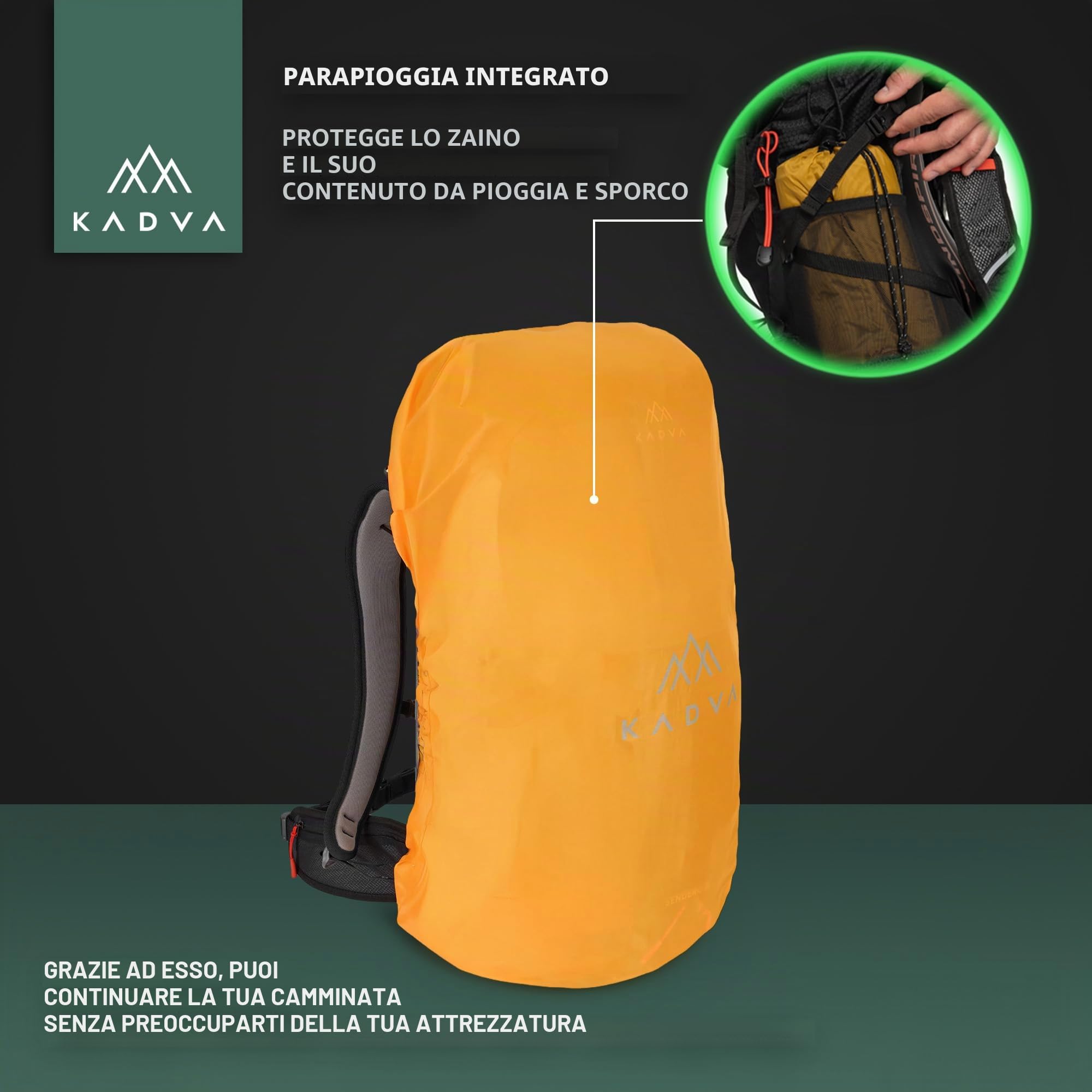 KADVA Zaino da trekking Sendero 35 l, sistema di trasporto Windspir, ventilazione e peso leggero, idrofobiatura, cinghie regolabili in vita e sul petto, dettagli riflettenti, cinghie inferiori