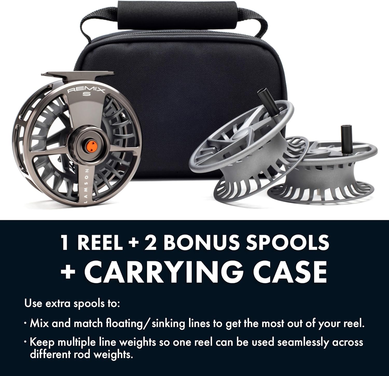 Lamson Remix S-Series Fly Reel 3-Pack (1 Reel & 2 spools with Carrying case) CNC machined Frame, Sealed Drag, 3/4/5/6/7/8/9/10 Weights