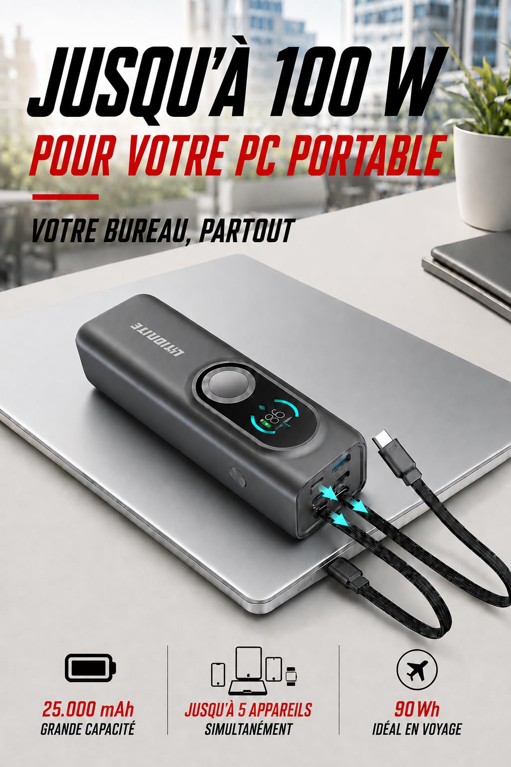 LITIONITE Numo Batterie Externe 25000 mAh 170W, 2 Câbles USB-C Intégrés 100W, Recharge Magnétique Compatible Apple Watch, Power Bank pour PC Portable, MacBook, iPhone, iPad et Nintendo Switch