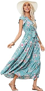 FEIXIANG Womens Summer Dresses Bohemian Vacation Beach Dress Ladies Floral Short Sleeve Wrap V Neck A-Line Ruffle Sleeve B...