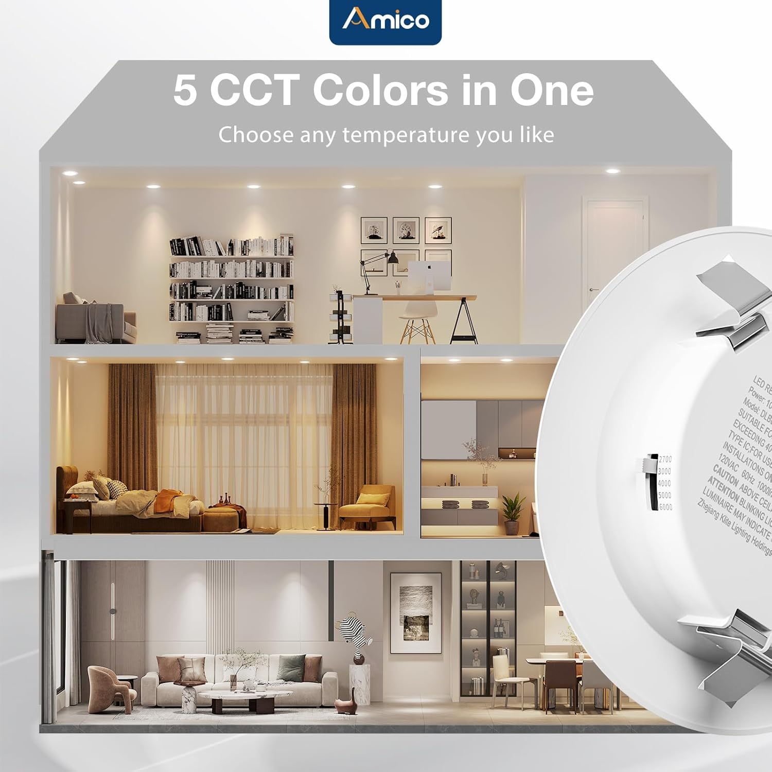 Amico Recessed Lighting 4 Inch, 12 Pack 5CCT Flat LED Can Lights, 2700K/3000K/4000K/5000K/6000K Selectable, 7W=60W, 700LM Brightness, Retrofit Installation - ETL & FCC, White - Image 4