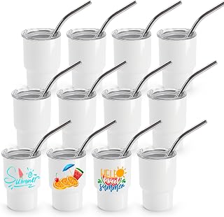 Joyclub 12 Pack 3 oz White Mini Tumbler with Lids and Straws Sublimation Shot Glasses