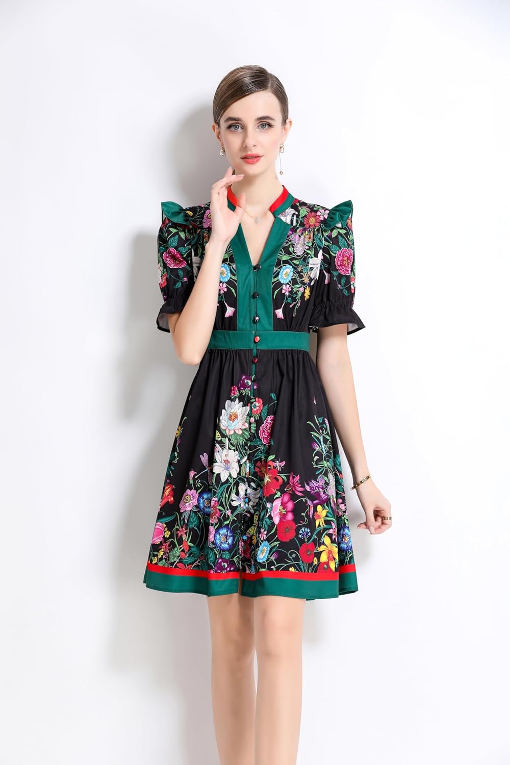LAI MENG FIVE CATS Women's Button Up Short Puff Sleeve V-Neck Floral Print Split Casual Mini Dress - Image 3