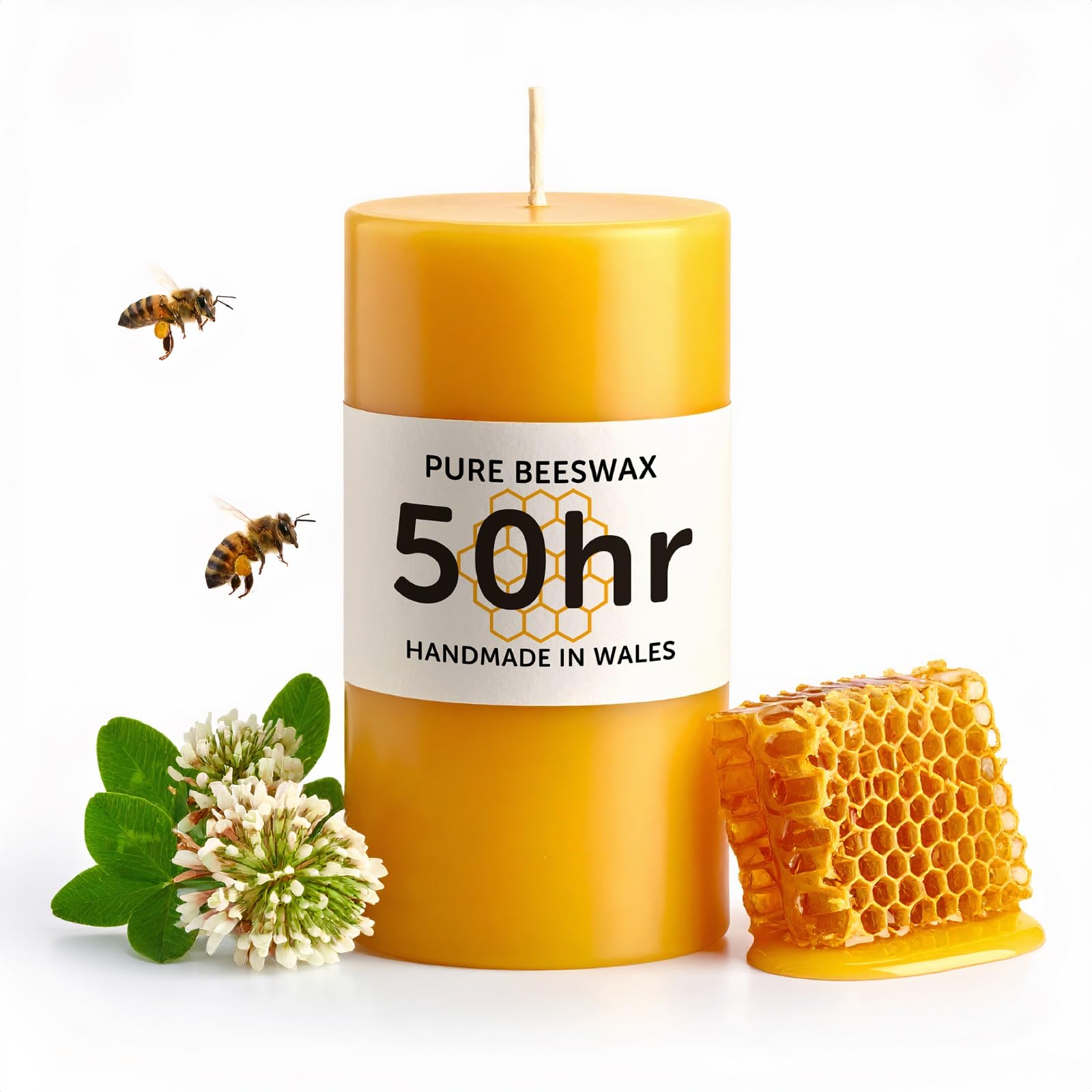 50hr Pure Beeswax Pillar Candle - Handmade in Wales - Natural Beeswax Candles for Home Decor - Perfect for Relaxation and Ambiance