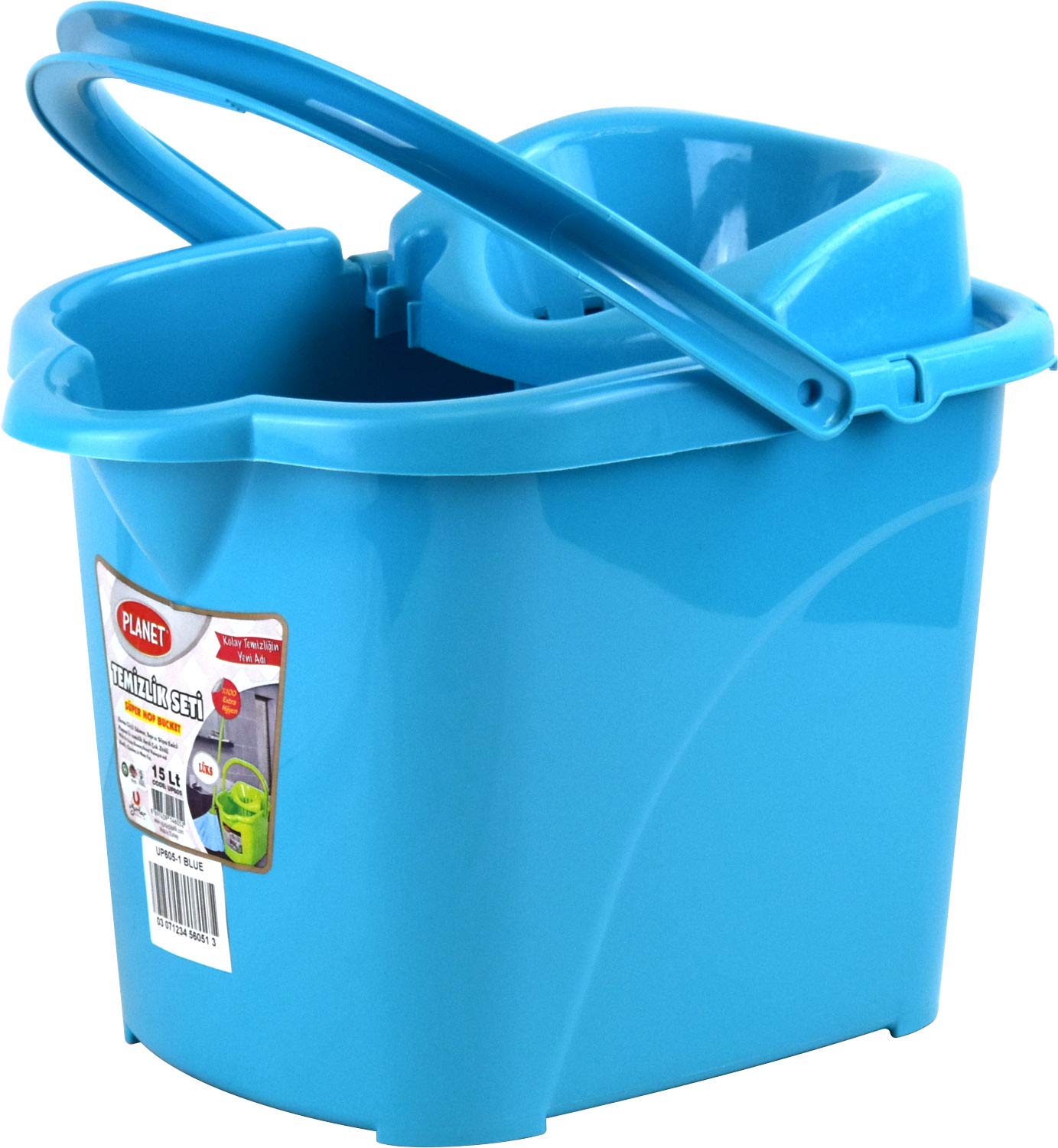 Large 15L Plastic Mop Bucket with Wheels for large Kitchens and Floors (Cyan)