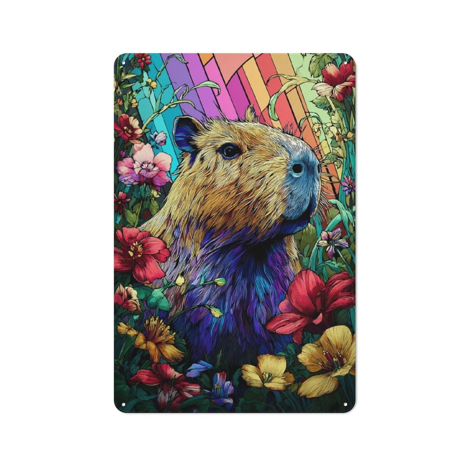 Junmoney Colorful Capybara In Floral Paradise Warehouse Style Tin Wall Sign 30X20cm Featuring Loft Wall Plaque For Loft, Studio, Office Or Creative Room