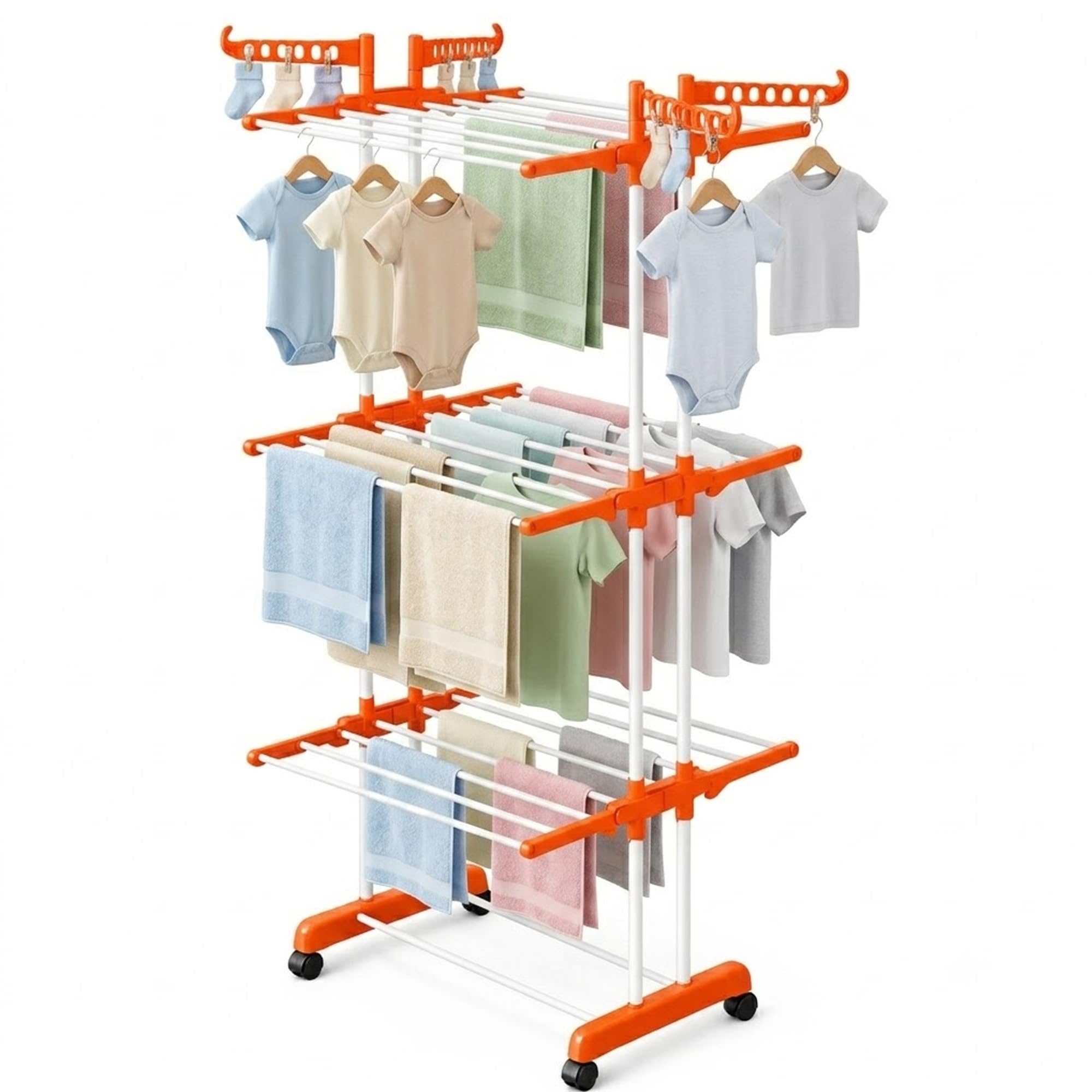 Premium Steel Clothes Drying Stand | 3 Layer Rack with Wheels | Foldable Laundry Rack for Home| Balcony Drying Stand | 24 Hanger Rods | Heavy Duty Rust Resistant (Orange)-image-21