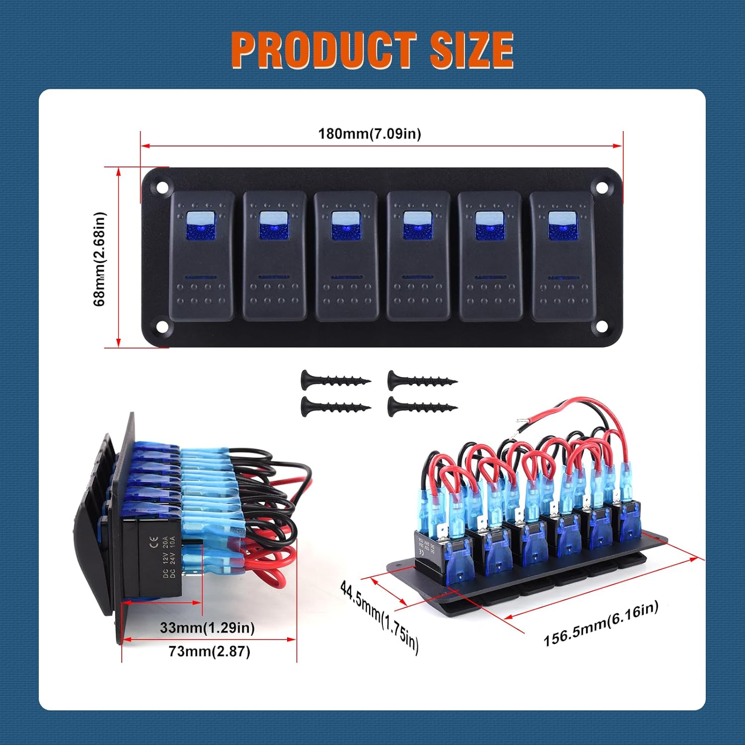6 Gang Aluminum Rocker Switch Panel Toggle Dash 5 Pin ON/Off 12V/24V Rocker Switch Panel Car Boat Switch, Blue LED Pre-Wired Switch Panel for Marine Boat Automotive Car RV Truck Vehicles