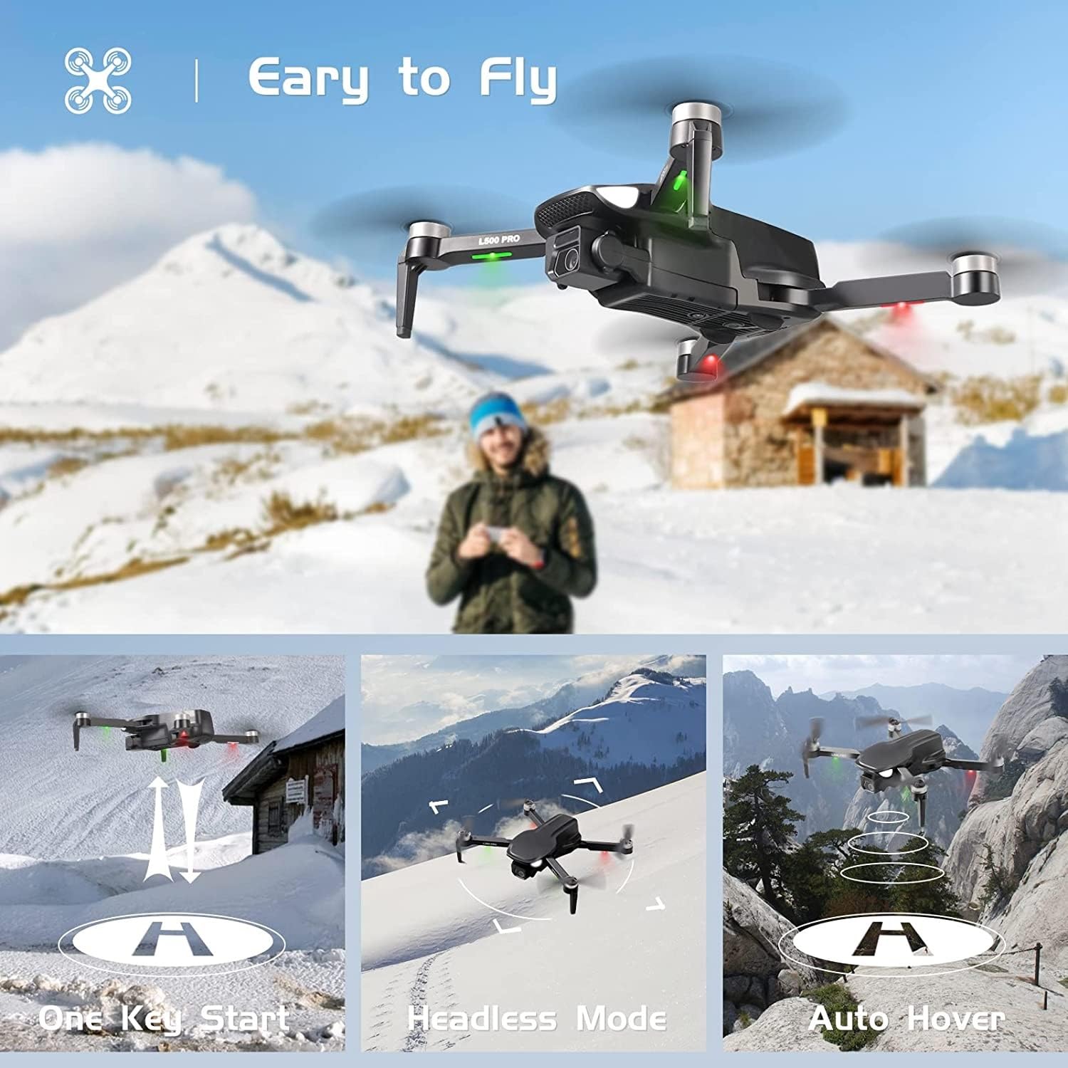 Dron z dwoma kamerami 4K HD, składany dron, 2 baterie na 50 minut lotu, 4 bezszczotkowe silniki do szybkich, 360-stopniowy dźwięk przestrzenny z trybami Auto-Follow i Waypoint (Color : Gray)