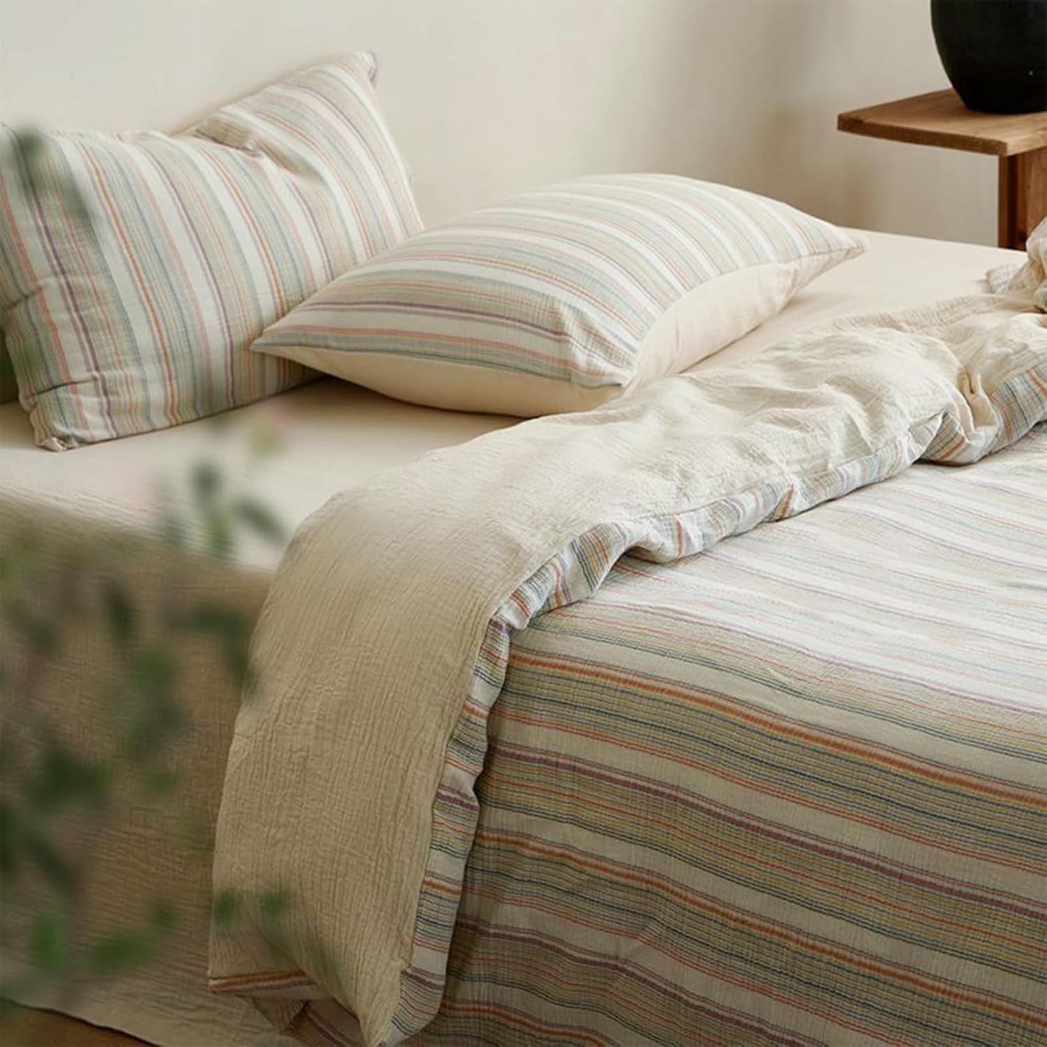 100% Cotton Muslin Duvet Cover King Size, Ultra Soft Breathable & Skin-Friendly Cotton Gauze for Hot Sleepers, Pastel Striped Pattern with Zipper Closure and Corner Ties (Beige, 104"x90")