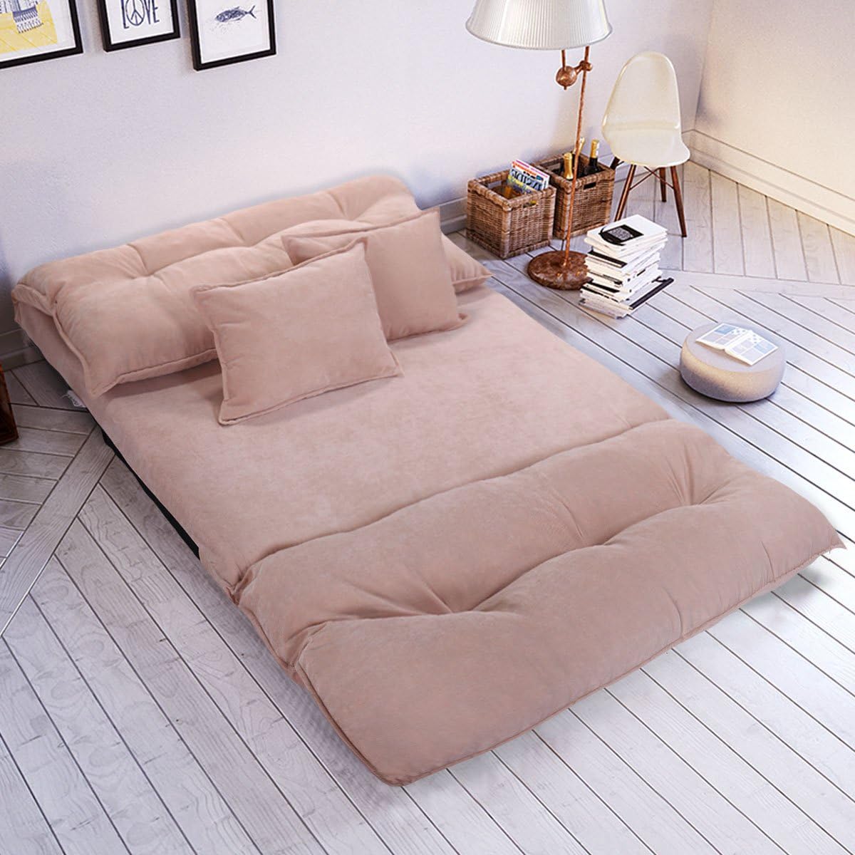 JAXPETY Adjustable Folding Leisure Sofa Bed, Floor Chaise Lounge Sofa Chair with 5 Reclining Position, Video Gaming Sofa with 2 Pillows for Bedroom Living Room (Corduroy, Beige)