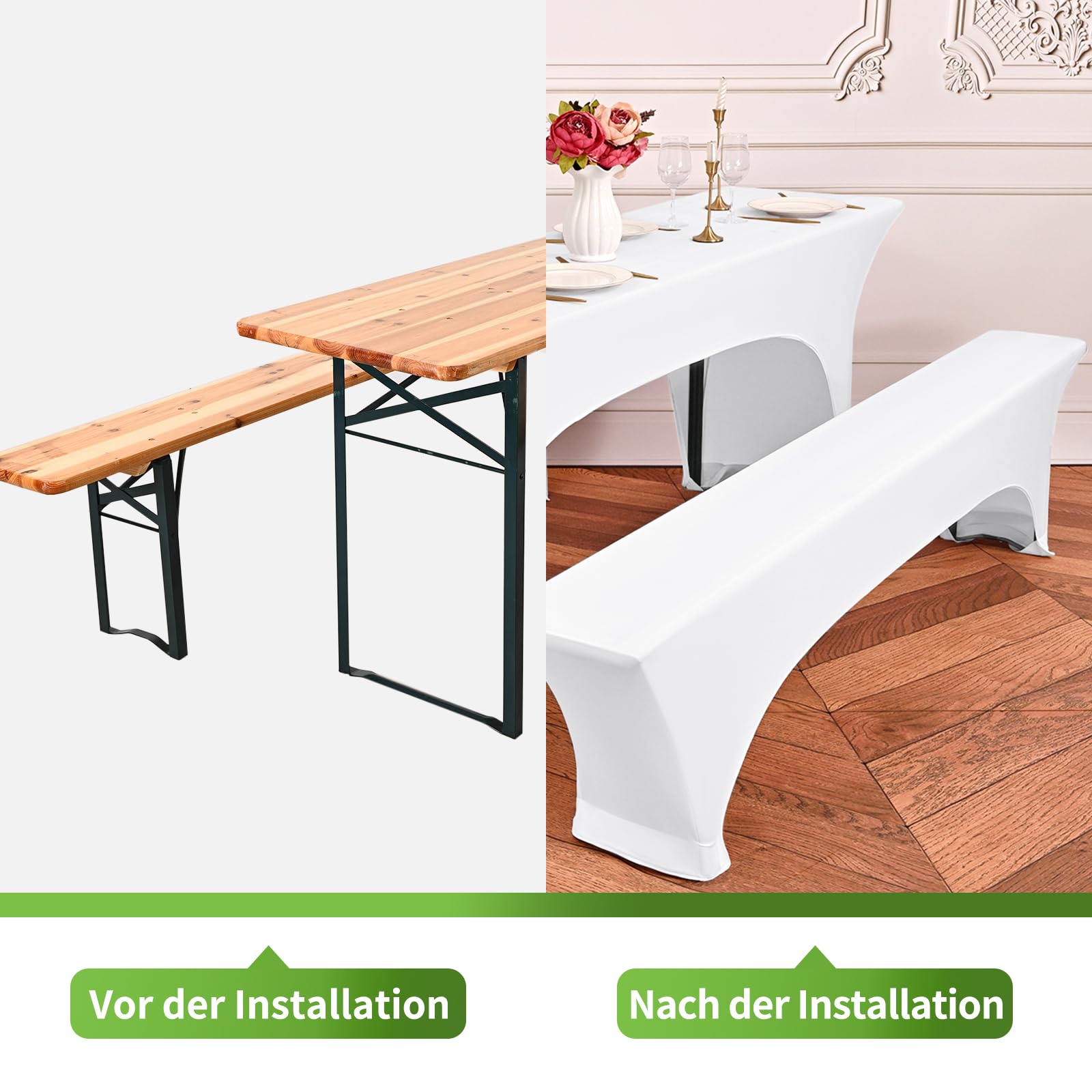 Lot de 3 Housses de Table à bière en élasthanne, Blanc, Extensible, pour Table de 50 cm de Large, Table à bière et Banc, Housse de Tente à bière, pour Banquet en Plein air, 220 x 50 x 70 cm