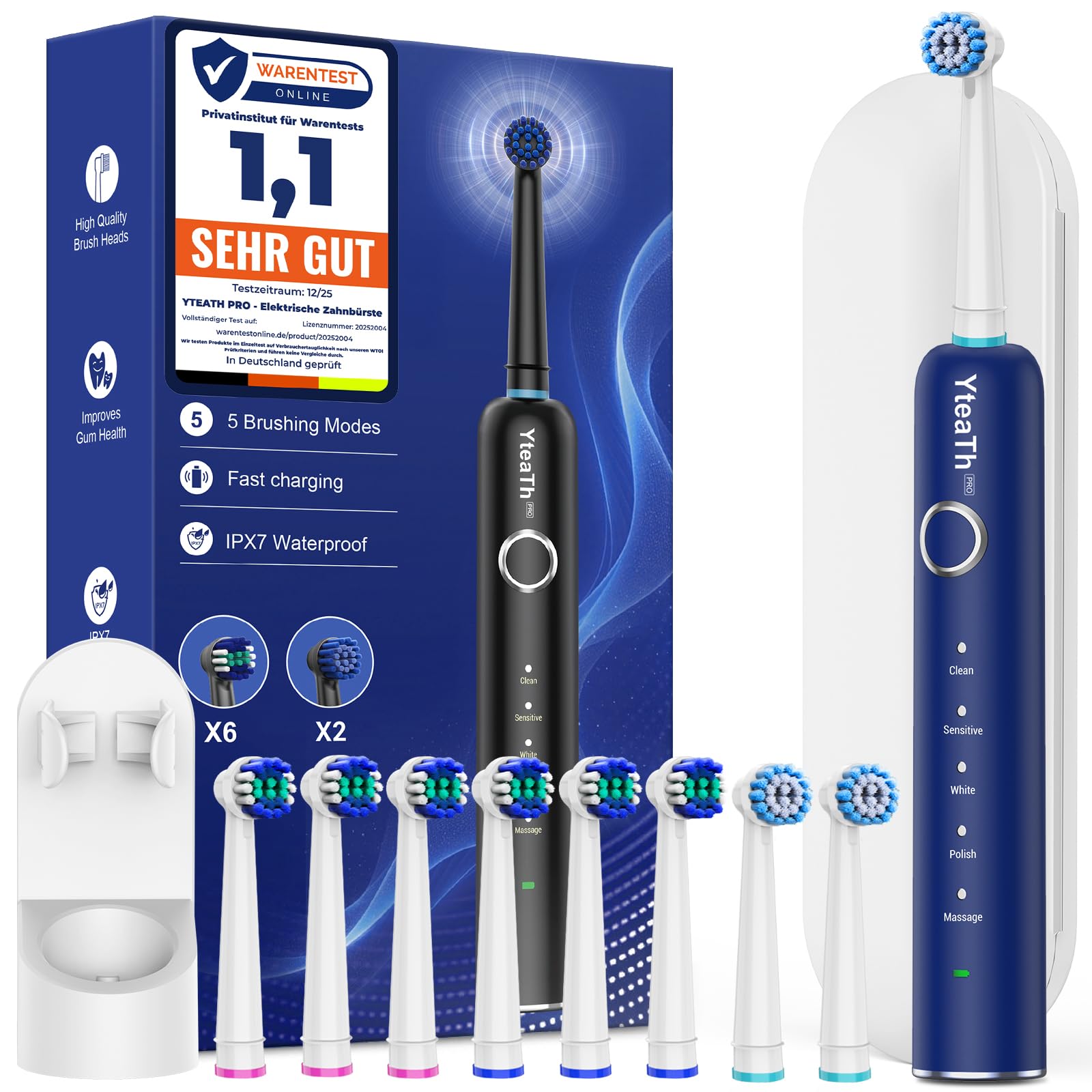Cepillo de Dientes Eléctrico de Rotación Adultos con 8 Cabezales - Cepillo Electrico con Estuche de Viaje, 5 Modos, IPX7 Impermeable, Cepillo Dientes Electrico Viaje Recargable, Azul