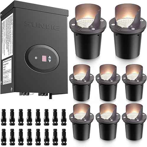 SUNVIE Paquete de 8 luces LED de bajo voltaje con transformador y conector, transformador de iluminación de paisaje de 200 W con temporizador y