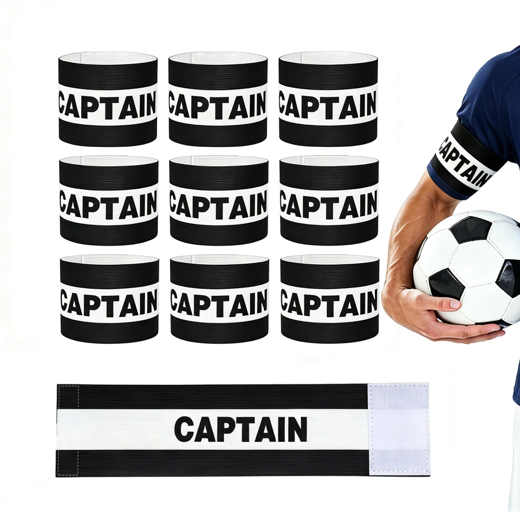9PCS Captains Armband Football Kids Adult, Adjustable Black Leader Soccer Arm Bands Junior Senior, Breathable Elastic Football Accessories for Boys for Rugby Basketball Hockey Netball